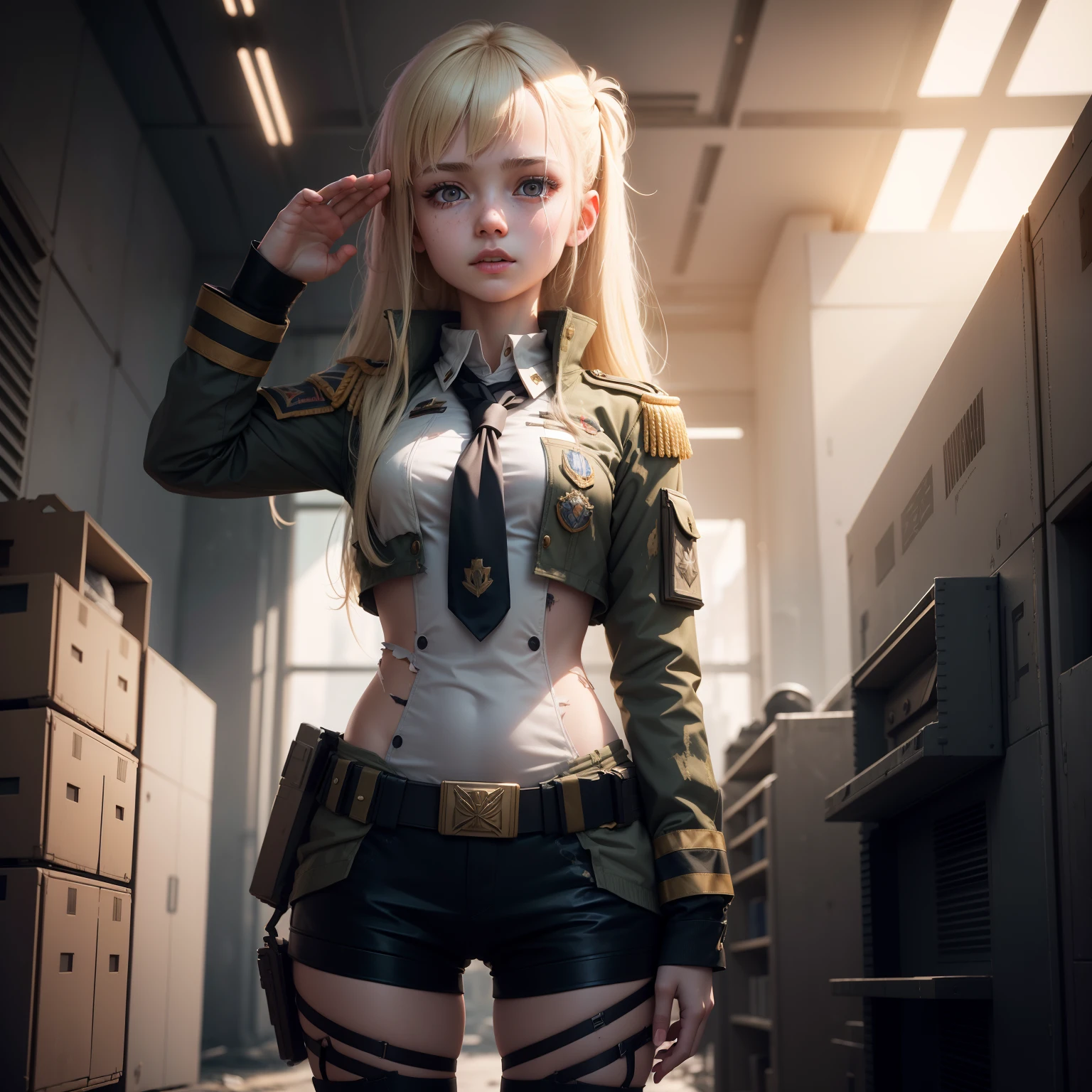 Ukrainian girl saluting soldiers , Ukrainian anime girls , , Ukraine ,  Full body composition of young girl with messy bright blonde hair, eye make up, 13 year old,  Soft lighting, Solo, Old torn dirty shabby futuristic military uniform, badges, Pose, Blotch color, Octane Render, Hyperrealistic intricate detail, Cinematic, 8K resolution, 70mm, Accent Lighting, Global Illumination, Full body portrait, clean detailed faces, intricate clothing, Cute face, flat chest, Slim waist, Slim legs, small hips,Clothing of the general,The generals have,Wearing a tie,