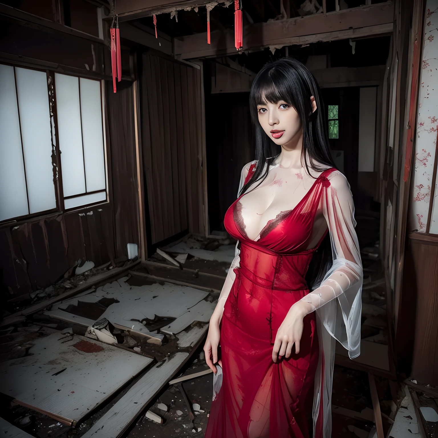 (masterpiece, Best Quality), (Ultra-realistic portrait of the ghost of Japanese woman:1.5, Black hair, Super long hair:1.3, Super long bangs:1.7, The entire front is hidden by long bangs:1.7, look down the ground:1.2), (Japan Ghost Story, Amazing beauty, ultra gigantic tits:1.3, Excellent slim body style, Mind-boggling images, Full body shot, (sheer red dress:1.5), (Standing in an abandoned house in the Japan, tongue out:1.7, Dark atmosphere:1.5, Darkness of the night:1.5),