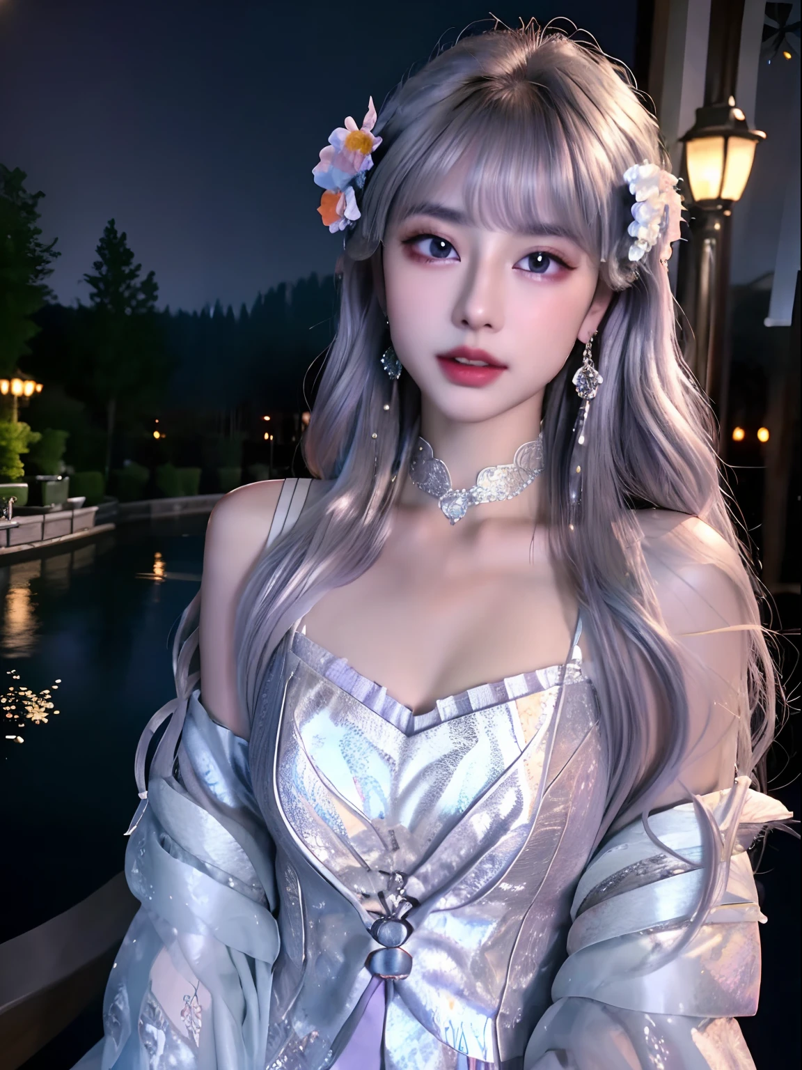 masterpiece, best quality, extremely detailed CG unity 8k wallpaper, 1girl, beautiful purple eyes, wavy silver hair, crying, water eyes, looking at viewers, delicate Gothic evening gown, detailed lace and decorative border, detailed lace glove, detailed jewelry necklace, jewelry earrings, hair flower, snow, fog, violet garden, magnificent palaces, mountains, forests, night, detailed colorful star sky, cinematic lighting, super detLarge depth of field, oil,Bare chest,life diary