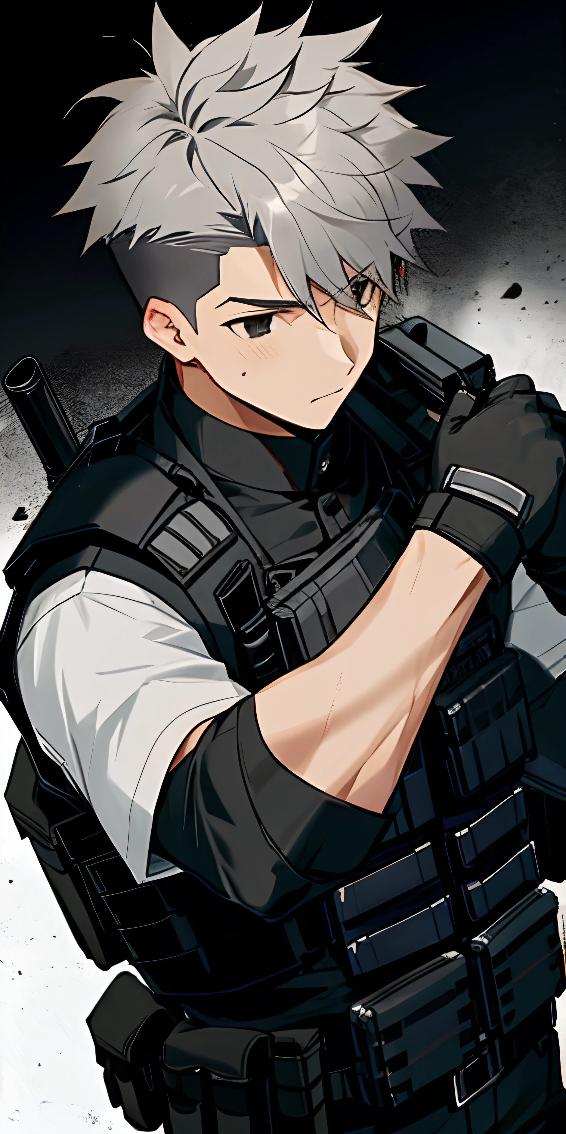 1male, adult black eyes, medium grey hair, bulletproof vest, black combat gloves, city , modern undercut hair , messy hair