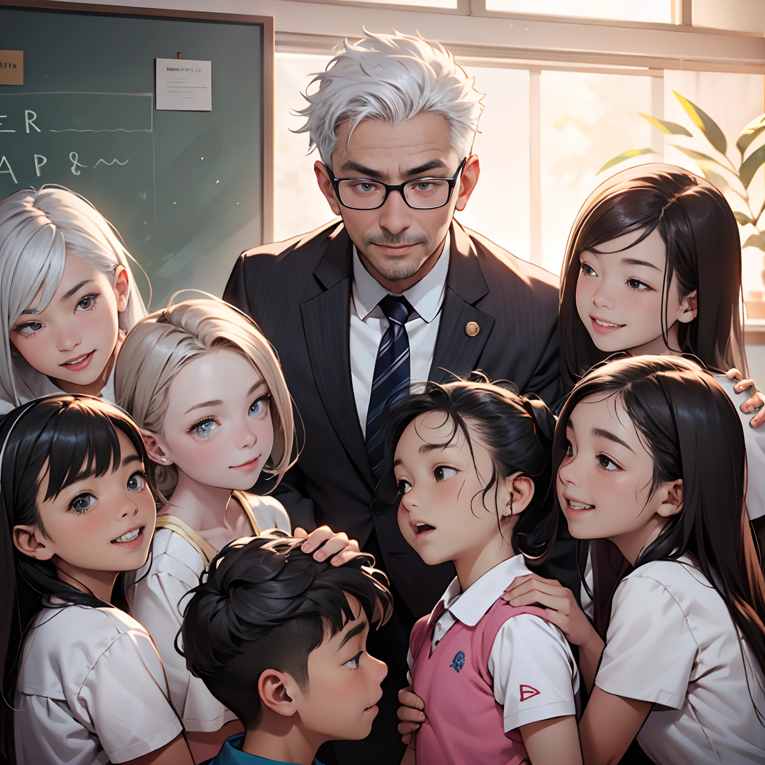 Asian male teacher, Surrounded by six elementary school students, The teacher's face is full of the vicissitudes of time,Full of silver hair,Celebrate the festival in a cheerful atmosphere,Ultra photo realsisim,8K,
