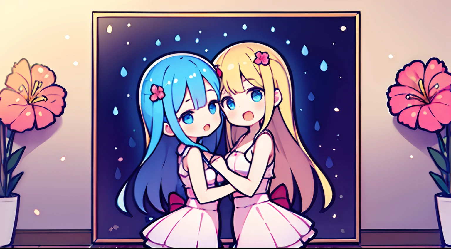 Two girls standing in front of a painting、laugh face、Water droplets on the cheeks、Dance Practice、Revolutions、bustup、Eye Up、Flowing iridescent silk、Hibiscus petals