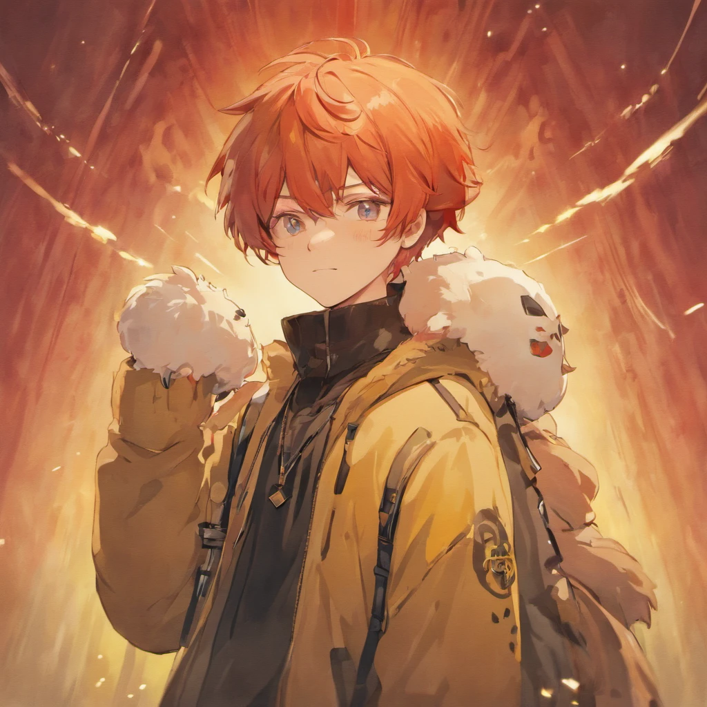 Two boys wearing mushroom hats、twinks、man with white hair、Man with red hair、Cross your shoulders、a smile、parka、video game、high-level image quality、Yellow background