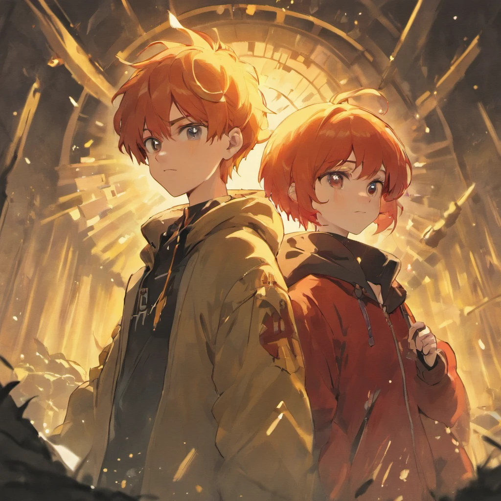 Two boys wearing mushroom hats、twinks、man with white hair、Man with red hair、Cross your shoulders、a smile、parka、video game、high-level image quality、Yellow background