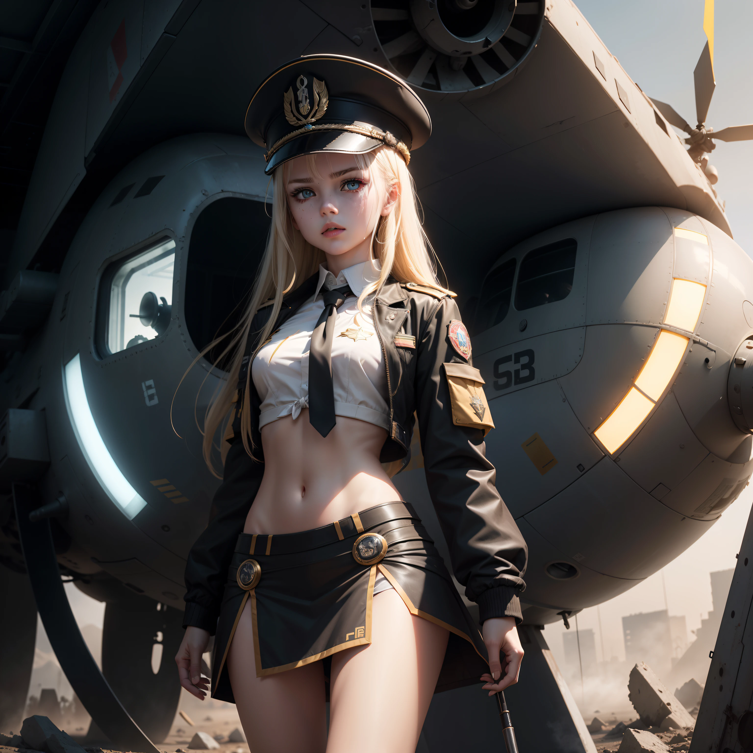 ukrainian girl , Ukrainian anime girls , , Ukraine ,  Full body composition of young girl with messy bright blonde hair, crouching down,eye make up, ,  Soft lighting, Solo, Old torn dirty shabby futuristic military uniform, badges, Pose, Blotch color, Octane Render, Hyperrealistic intricate detail, Cinematic, 8K resolution, 70mm, Accent Lighting, Global Illumination, Full body portrait, clean detailed faces, intricate clothing, Cute face, flat chest, Slim waist, Slim legs, small hips,Show white cloth underwear,Wear military caps diagonally,show breast,