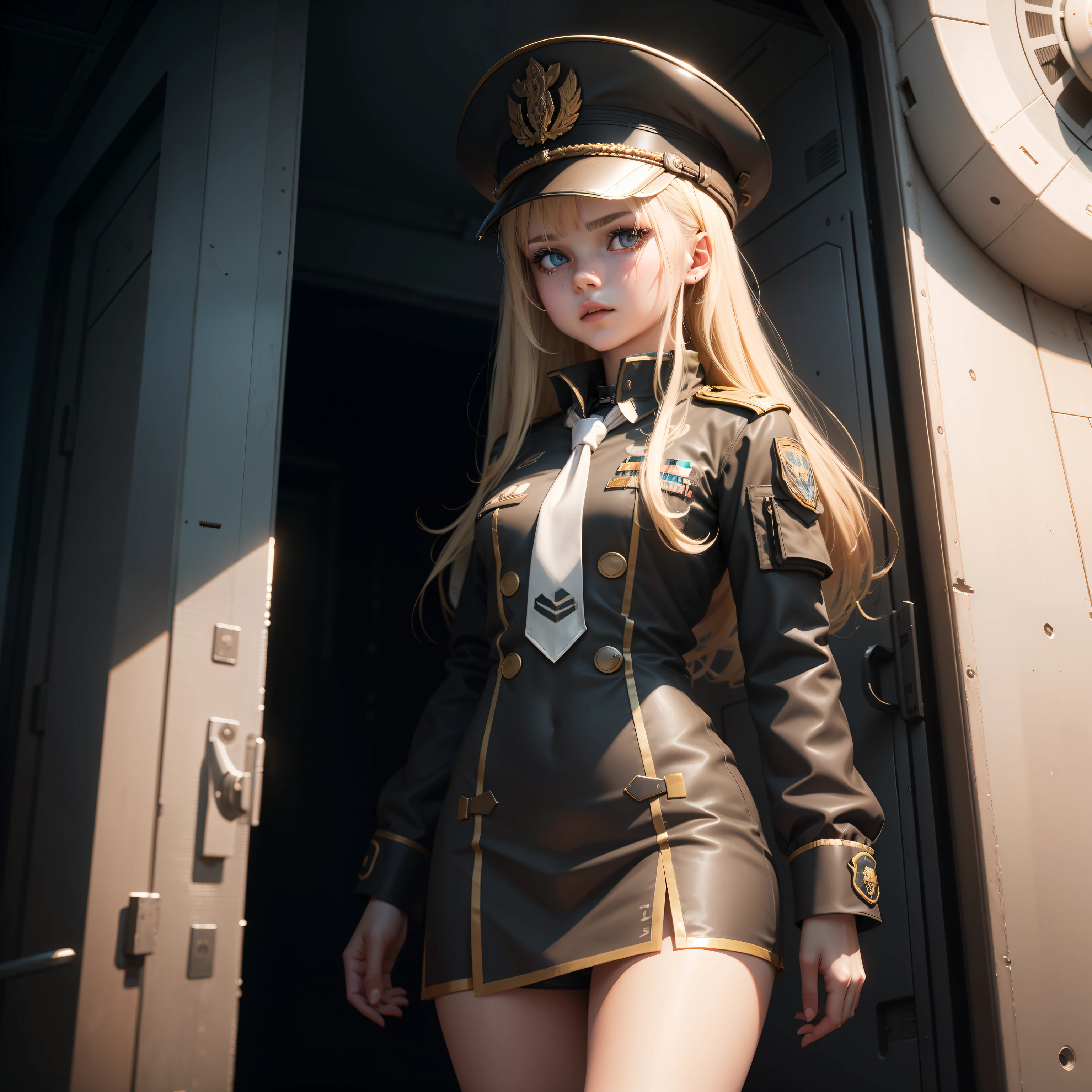 Ukrainian girl getting off the helicopter , Ukrainian anime girls , , Ukraine ,  Full body composition of young girl with messy bright blonde hair, eye make up, ,  Soft lighting, Solo, Old torn dirty shabby futuristic military uniform, badges, Pose, Blotch color, Octane Render, Hyperrealistic intricate detail, Cinematic, 8K resolution, 70mm, Accent Lighting, Global Illumination, Full body portrait, clean detailed faces, intricate clothing, Cute face, flat chest, Slim waist, Slim legs, small hips,General's clothes,Shogun's hat,Wearing a tie,