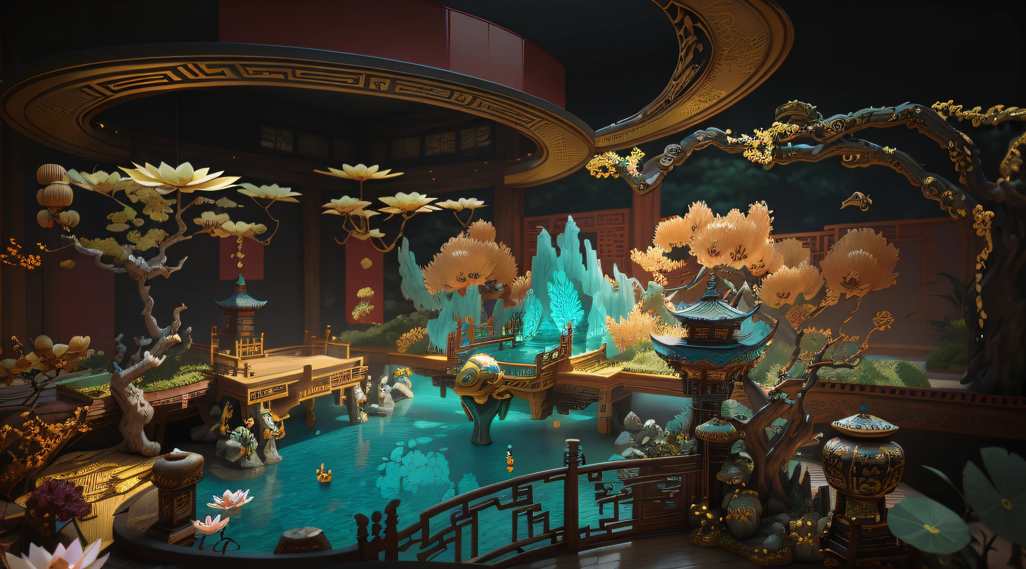 Beautiful rendering of the Tang Dynasty, highly detailed surreal vfx, intricate ornate anime cgi style, japonisme 3 d 8 k ultra detailed, highly detailed vfx scene, Features a miniature indoor lake, Chinese fantasy, fantasy style 8 k octane render, a chinese wedding，There are lotus flowers in the pool，bru，