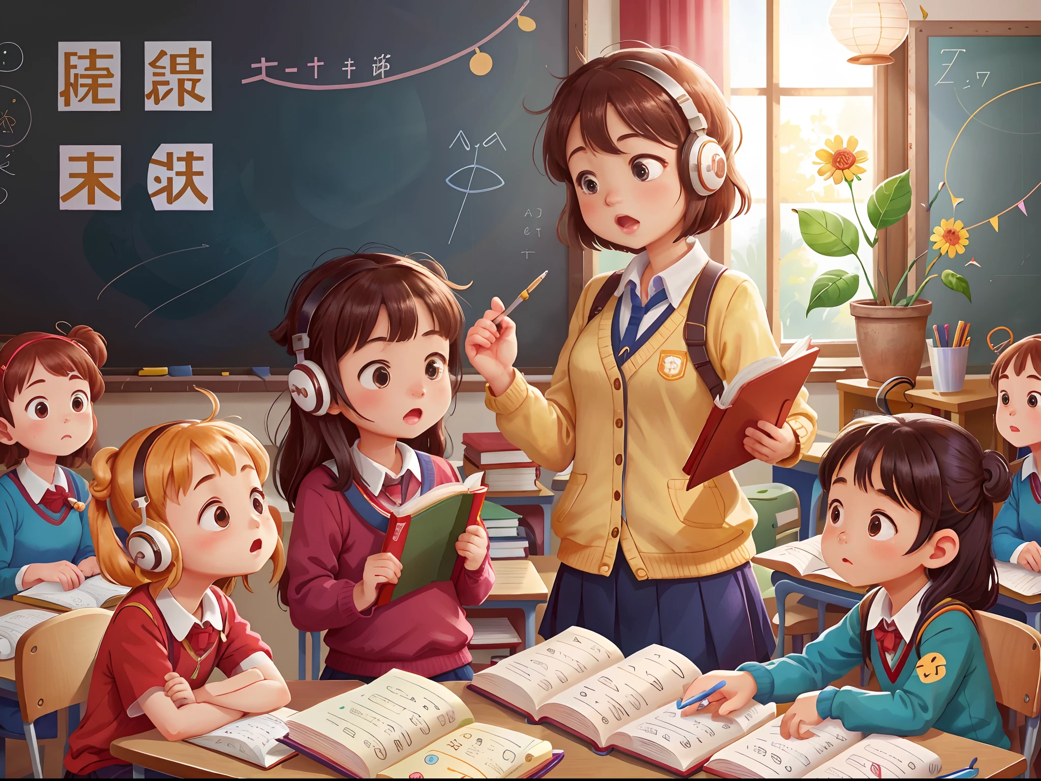 In a bright classroom,Warm sunlight shines through the windows,It adds a touch of vitality and vibrancy to the entire space。(Classroom Center,A passionate teacher stands on the podium,She was holding a book,The essence of knowledge is imparted to students in a friendly and moving voice。 Students sit between neat tables and chairs,Listen attentively to everything the teacher says:1.5)。Their faces were full of curiosity and expectation,Eyes twinkle with curiosity。The crisp sound of tapping and flipping books kept ringing,Interwoven into a resounding song of knowledge。 The teacher told it in an immersive way,Through vivid examples and compelling stories,Bring abstract concepts to life,Easy to understand。Her expressions and gestures fit the narrative just right,Grab students' attention,Make them feel like they're in a world of learning。 and students,Listen carefully from time to time、Ask questions and statements from time to time,Interact harmoniously with teachers。Their eyes reveal a thirst for knowledge and a quest for knowledge,Under the guidance of a teacher,The mind gradually expands,Inspiration and creativity blossom in the classroom。 The whole classroom is filled with an atmosphere of knowledge,It was as if every corner was filled with sparks of wisdom。It's a heartwarming picture,The charm of the teacher and the concentration of the students are intertwined,In this stage of mutual growth,Wonderful educational journey。