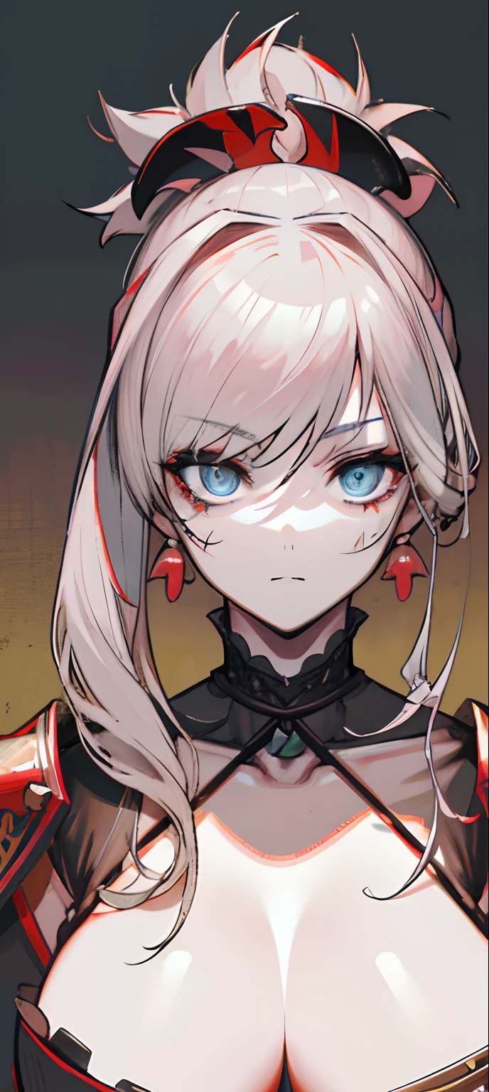A woman in samurai armor,The neck and waist are hairy, Put on the devil's helmet, Dusty detail ornaments, Tired of fighting, Male Warrior, Armor, Epic, face scar, dnd character portrait, Intricate, 8K resolution, Dynamic lighting, ultra - detailed, Unreal 5, voluminetric lighting, Alphonse Mucha, Pre-Raphaelite, Detailed background, mandalas, Detailed face, Detailed eyes, neon eyes