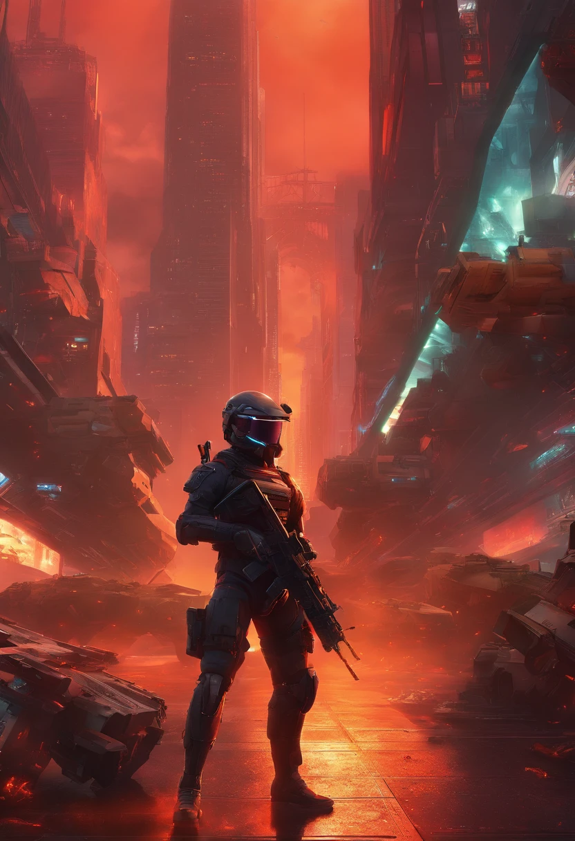 (masterpiece), best quality, expressive eyes, perfect face, perfect body, perfect arms, perfect legs, perfect hands 4k quality a male tech soldier dressed in black and red techwear shooting on a battlefield, at war, with mechas (gundam) (Armored Core) mechs flying in the air over the battlefield, (action sequence,) In a (fight scene) a of high tech hooded woman in an all black jumpsuit and black high heels orange visor and black facemask outfit the camera is a medium shot, wide angle with an anamorphic lens, setting is a hyper futuristic high tech megacity, with buildings exploding and on fire in the background, hi res, ultrasharp 8K high quality, movie, anime, gunfight, large scale battle, ground forces, soldiers, multiple soldiers fighting on a futurist battlefront, large scale war in background, military vehicles