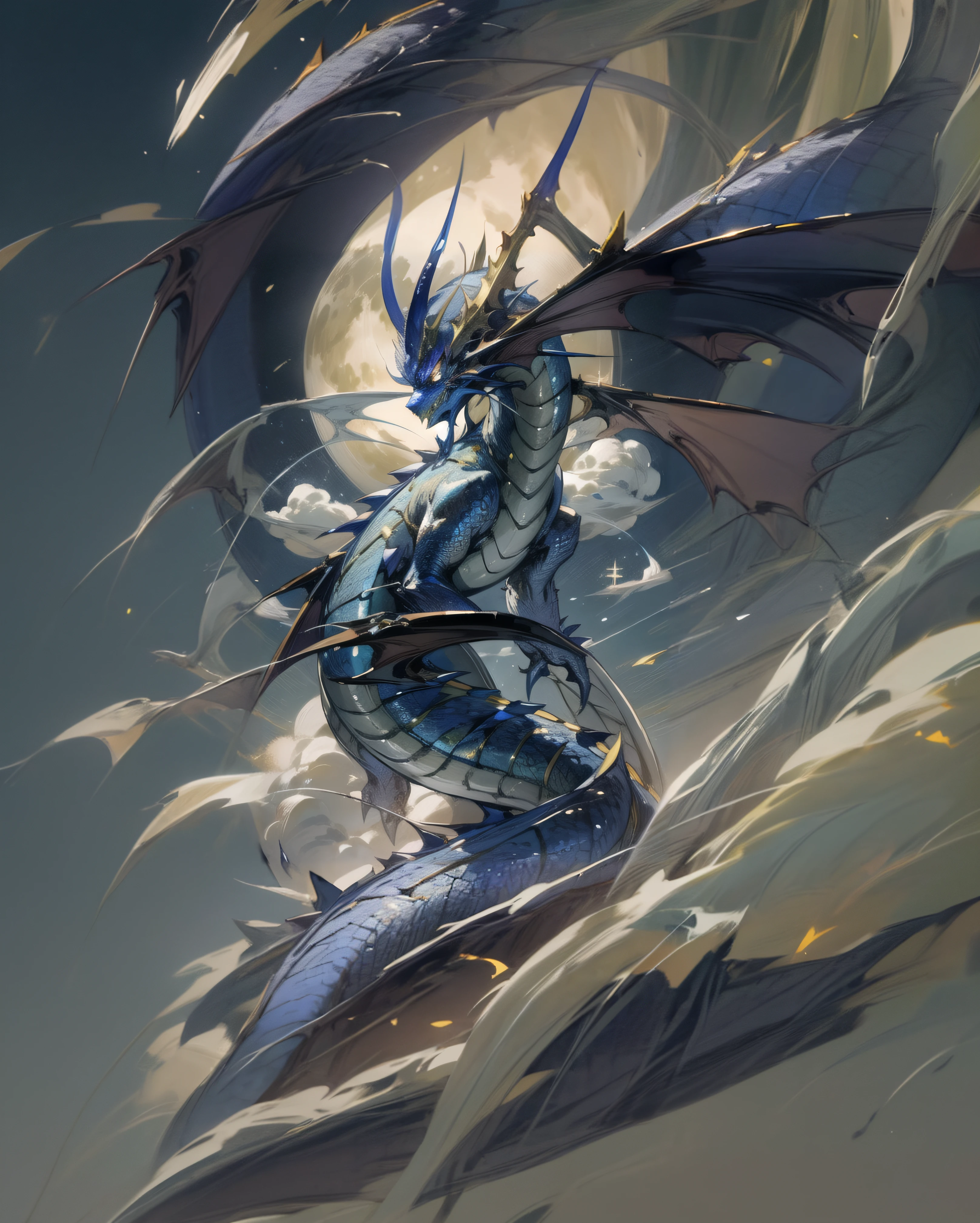 ((lapis lazuli dragon)), japanese dragon, oriental dragon, mist, one, (flying), (one head), looking down, (one head), looking at camera, full moon, blue dragon flying in sky against full moon, blue scaled dragon, blue dragon, giant dragon in background, by Yang J, ArtStation pixiv trends, highly detailed official artwork, legendary dragon, 8k high quality detail art, dragon moshot art, dragon art, giant dragon in background, ron, detailed digital animation art