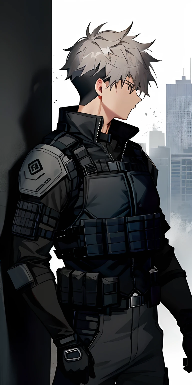 1male, adult black eyes, medium grey hair, bulletproof vest, black combat gloves, city , modern undercut hair , messy hair