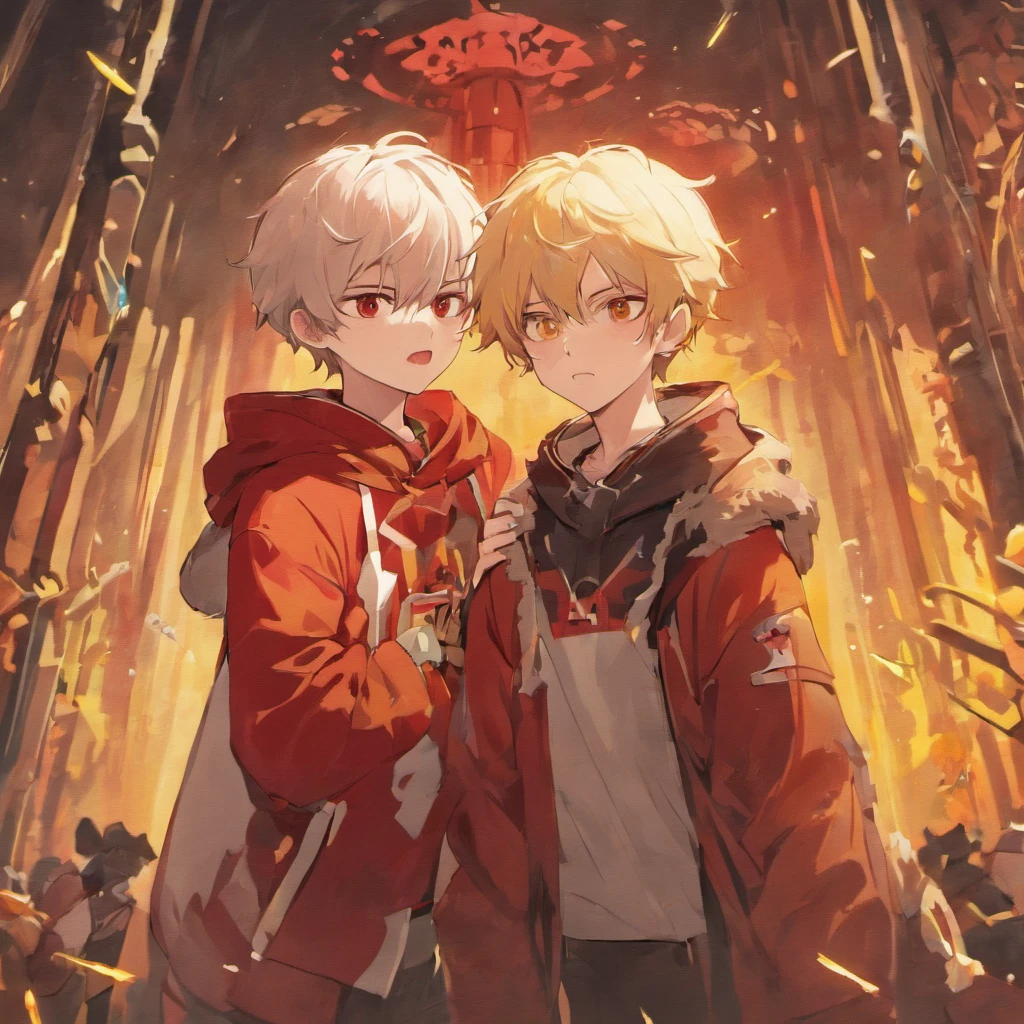 Two boys in red mushroom hats、twinks、man with white hair、Man with red hair、Cross your shoulders、A smile、parka、video game、high-level image quality、Yellow background
