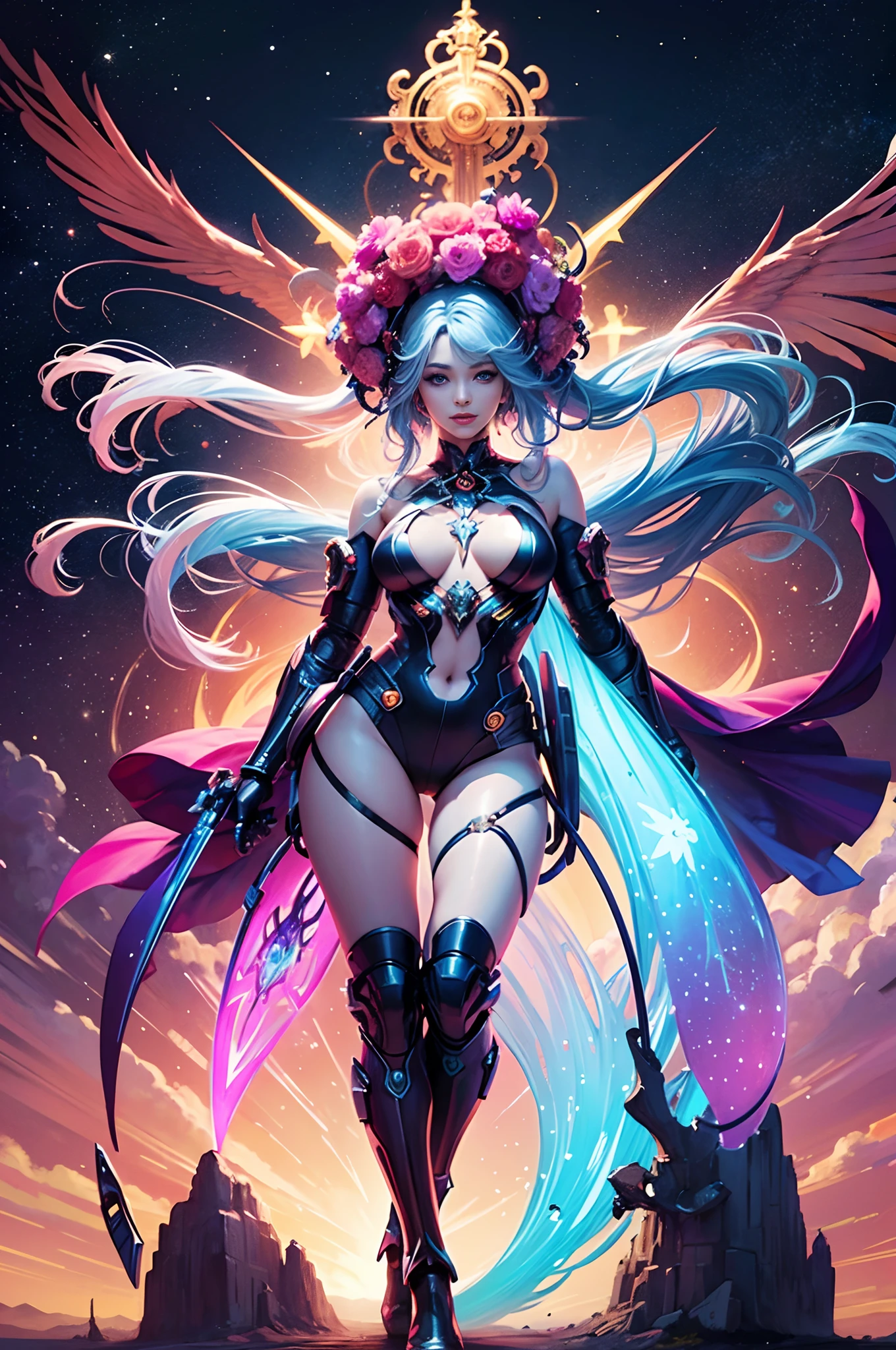 masterpiece、top-quality、8K、detaileds、Detailed face and skin、hight resolution、perfect anatomia、physically-based renderingt, Photorealsitic、1 person woman、20yr old、FULL BODYSHOT、Unevenness of the skin、Long Wave Hair、accurate anatomy, Smiling kindly, Woman in bodysuit with glowing body and colorful swirls, psychedelic goddess, goddess of universe, colorfull digital fantasy art, cyborg goddess in cosmos, 3 d neon art of a womens body, colorful aura, psytrance artwork, Goddes of the Galaxy, astral appearance, goddess of space and time, astral ethereal, Portrait of the Goddess of the Universe, fantasy digital art,