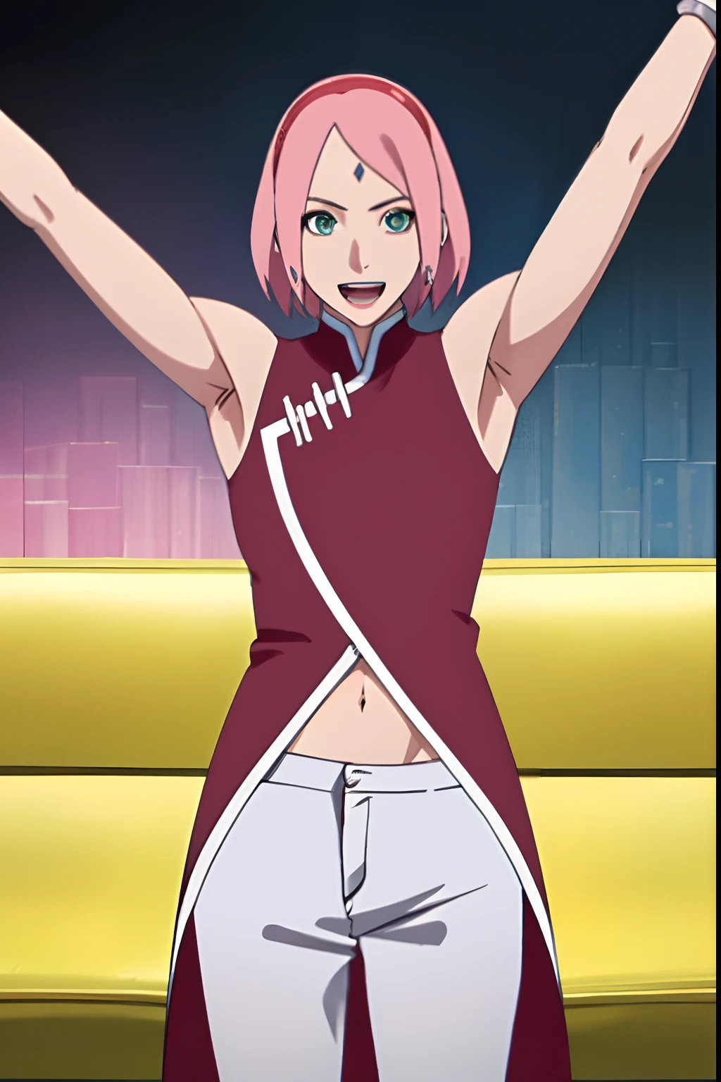masterpiece, 4k, portrait, cowboy shot, (night), professional artwork, intricate details, colorful, digital blending, (ultra detailed body, ultra detail hair, ultra detail face), trending on pixiv, kind smile, best quality, anime style: 1.9, 1girl, hires, haruno sakura, (forehead mark, milf, red hairband, pale skin, (small breasts), short hair, ((red sleeveless dress,), white pants), ((navel, belly button), slender body, slender belly, bracelet, pink hair, open mouth, big eyes), smile, beach, wind, floating hair, detailed arms, off-shoulders, broad shoulders, ((both armpits , (both) hands spreading to both sides, (symmetrical arms))), fancy couch, relaxing, laying, talking, looking at the viewer, ((showing both armpits, hairy armpits)))