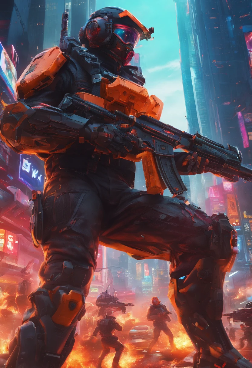 (masterpiece), best quality, expressive eyes, perfect face, perfect body, perfect arms, perfect legs, perfect hands 4k quality a male tech soldier dressed in black and red techwear shooting on a battlefield, at war, with mechas (gundam) (Armored Core) mechs flying in the air over the battlefield, (action sequence,) In a (fight scene) a of high tech hooded woman in an all black jumpsuit and black high heels orange visor and black facemask outfit the camera is a medium shot, wide angle with an anamorphic lens, setting is a hyper futuristic high tech megacity, with buildings exploding and on fire in the background, hi res, ultrasharp 8K high quality, movie, anime, gunfight, large scale battle, ground forces, soldiers, multiple soldiers fighting on a futurist battlefront, large scale war in background, military vehicles