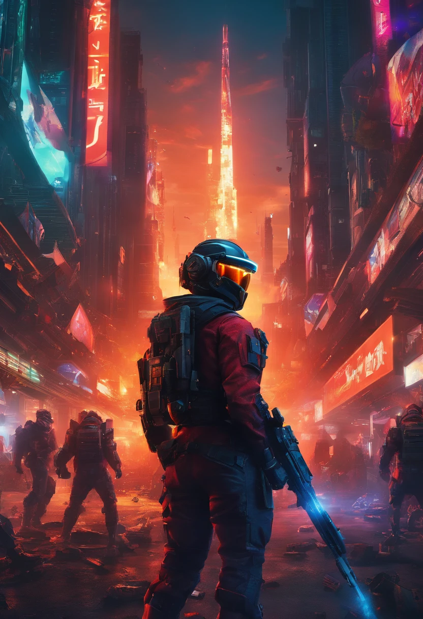 (masterpiece), best quality, expressive eyes, perfect face, perfect body, perfect arms, perfect legs, perfect hands 4k quality a male tech soldier dressed in black and red techwear shooting on a battlefield, at war, with mechas (gundam) (Armored Core) mechs flying in the air over the battlefield, (action sequence,) In a (fight scene) a of high tech hooded woman in an all black jumpsuit and black high heels orange visor and black facemask outfit the camera is a medium shot, wide angle with an anamorphic lens, setting is a hyper futuristic high tech megacity, with buildings exploding and on fire in the background, hi res, ultrasharp 8K high quality, movie, anime, gunfight, large scale battle, ground forces, soldiers, multiple soldiers fighting on a futurist battlefront, large scale war in background, military vehicles