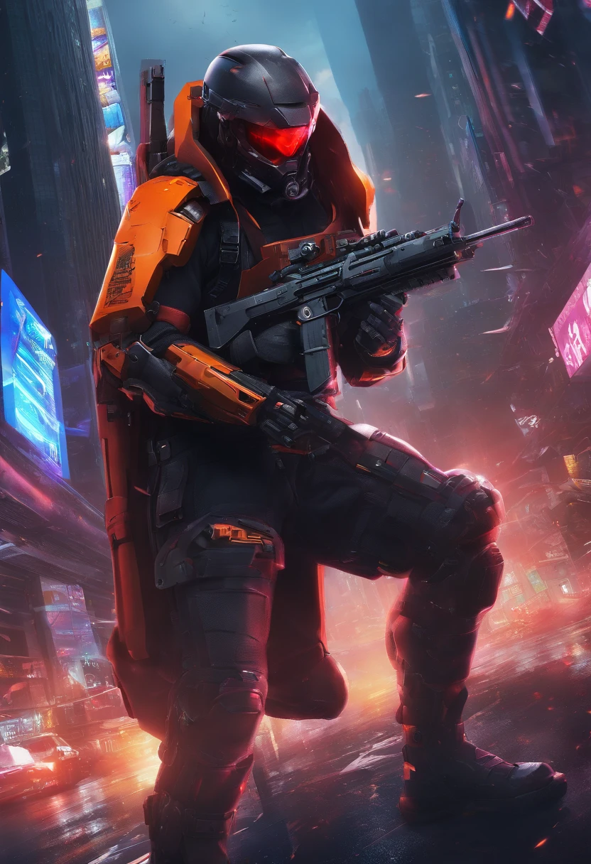 (masterpiece), best quality, expressive eyes, perfect face, perfect body, perfect arms, perfect legs, perfect hands 4k quality a male tech soldier dressed in black and red techwear shooting on a battlefield, at war, with mechas (gundam) (Armored Core) mechs flying in the air over the battlefield, (action sequence,) In a (fight scene) a of high tech hooded woman in an all black jumpsuit and black high heels orange visor and black facemask outfit the camera is a medium shot, wide angle with an anamorphic lens, setting is a hyper futuristic high tech megacity, with buildings exploding and on fire in the background, hi res, ultrasharp 8K high quality, movie, anime, gunfight, large scale battle, ground forces, soldiers, multiple soldiers fighting on a futurist battlefront, large scale war in background, military vehicles