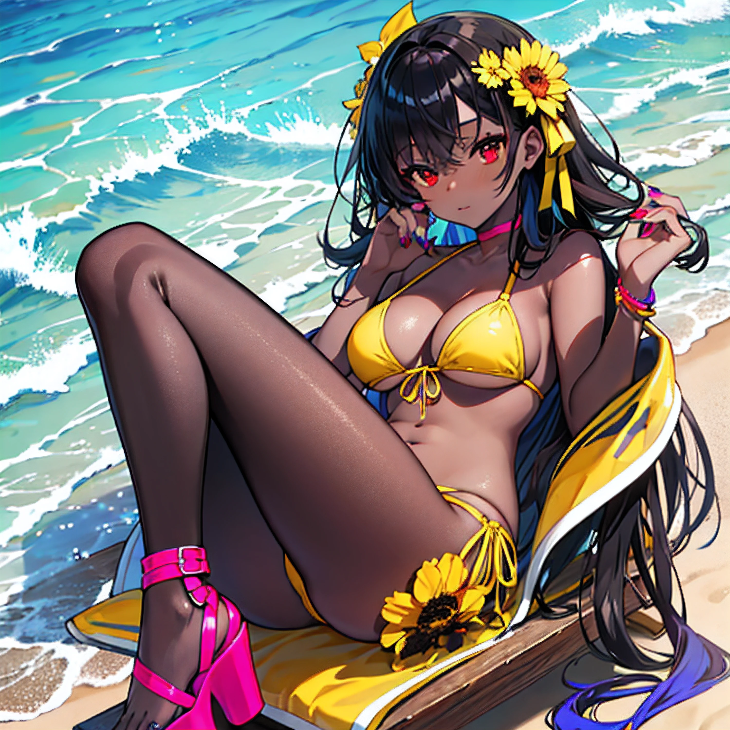 anime - 1 girl - dark skin - best quality - 10k - Hour glass figure - D cup sized breasts - red eyes with tints of yellow - long black hair - beach - seductive pose - silky smooth skin - pedicure with bright colored nail polish - manicure with bright colored nail polish - platform high heel flip flops - she is wearing a visually stunning masterpiece of a bikini that draws everyone person's attention