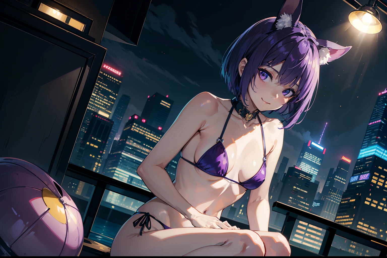 Super-Low-angle shot, Cinematographic lighting,(8k, best quality, masterpiece:1.2,best quality:1.0, ultra highres:1.0), 2D anime, 1girl, Slender small breasts、Sit up、Mysterious smile、Cute beautiful girl with purple medium bob and black rabbit ears、Small purple bikini、Bright skyscrapers