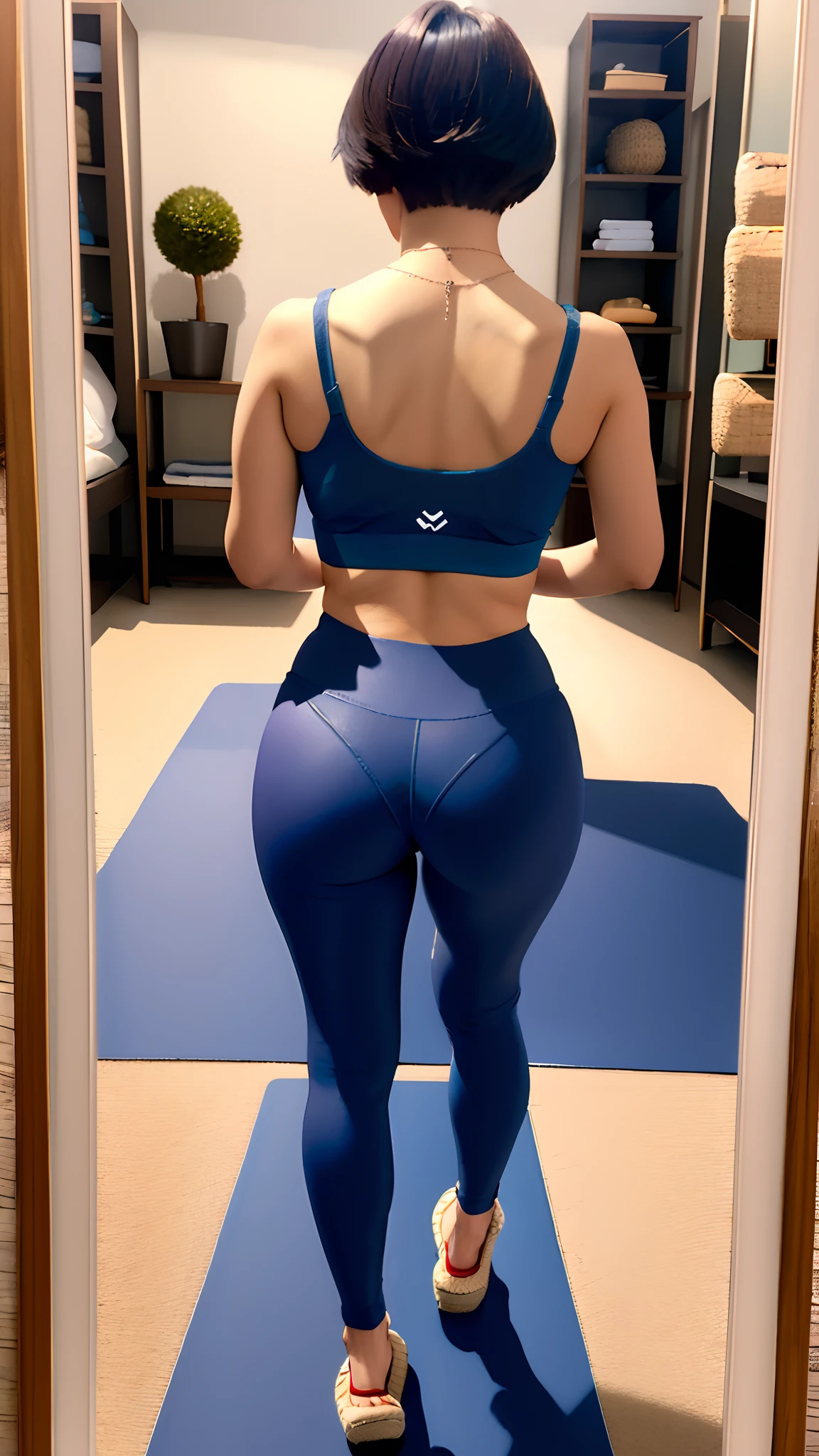 8K、 超A high resolution、Best Quality、Photorealsitic、hightquality、high-detail、masuter piece、(quite massive chest、pretty big butt:1.2)(Tight Yoga Wear:1.1)、Short-haired black hair、Extraordinary beauty、Big eyes、Obviously double eyelids、(big mirror、Glass room、yoga mats:1.2)、Smile happily、a necklace、espadrilles、Do yoga with your legs open