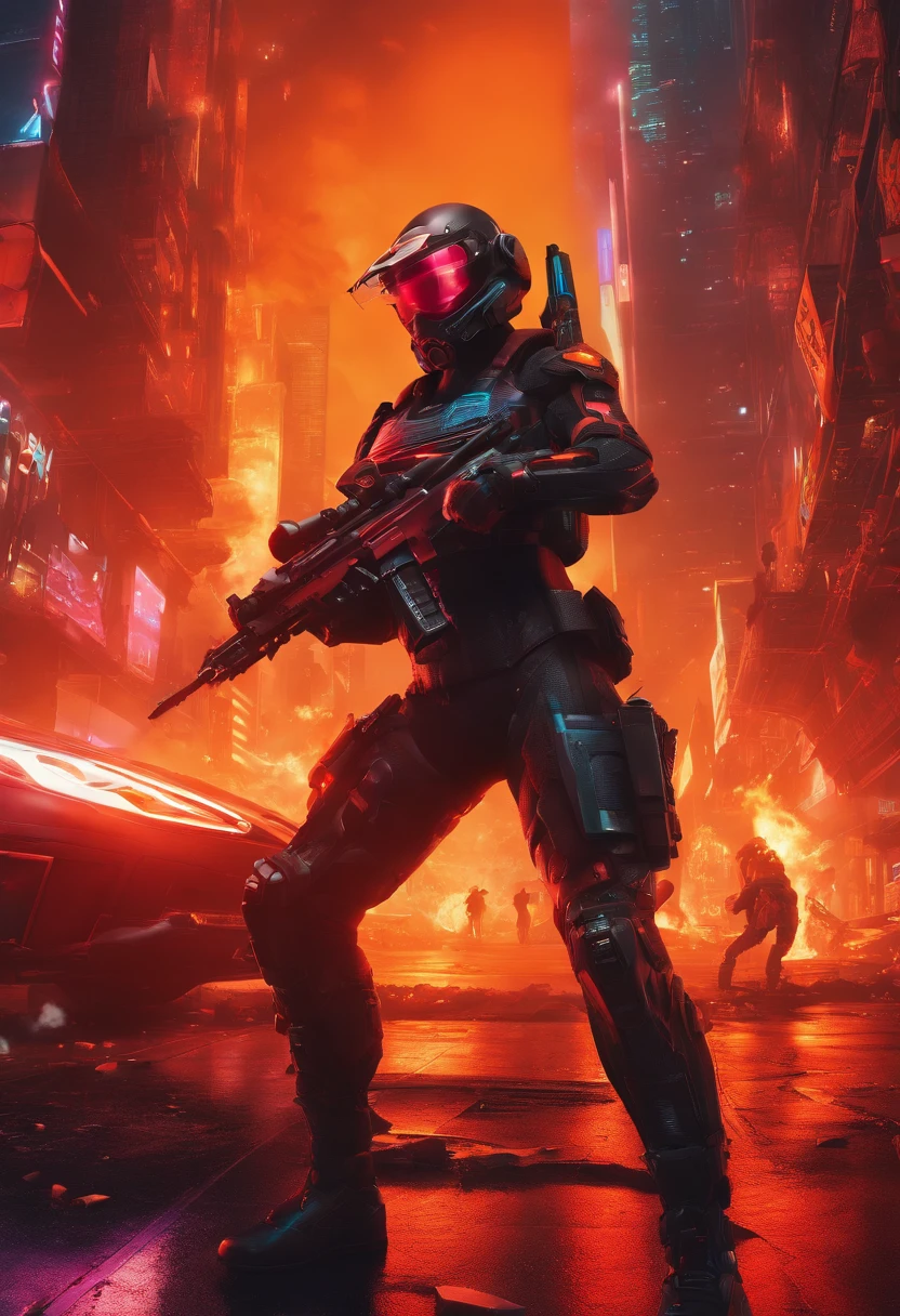 (masterpiece), best quality, expressive eyes, perfect face, perfect body, perfect arms, perfect legs, perfect hands 4k quality a male tech soldier dressed in black and red techwear shooting on a battlefield, at war, with mechas (gundam) (Armored Core) mechs flying in the air over the battlefield, (action sequence,) In a (fight scene) a of high tech hooded woman in an all black jumpsuit and black high heels orange visor and black facemask outfit the camera is a medium shot, wide angle with an anamorphic lens, setting is a hyper futuristic high tech megacity, with buildings exploding and on fire in the background, hi res, ultrasharp 8K high quality, movie, anime, gunfight, large scale battle, ground forces, soldiers, multiple soldiers fighting on a futurist battlefront, large scale war in background, military vehicles