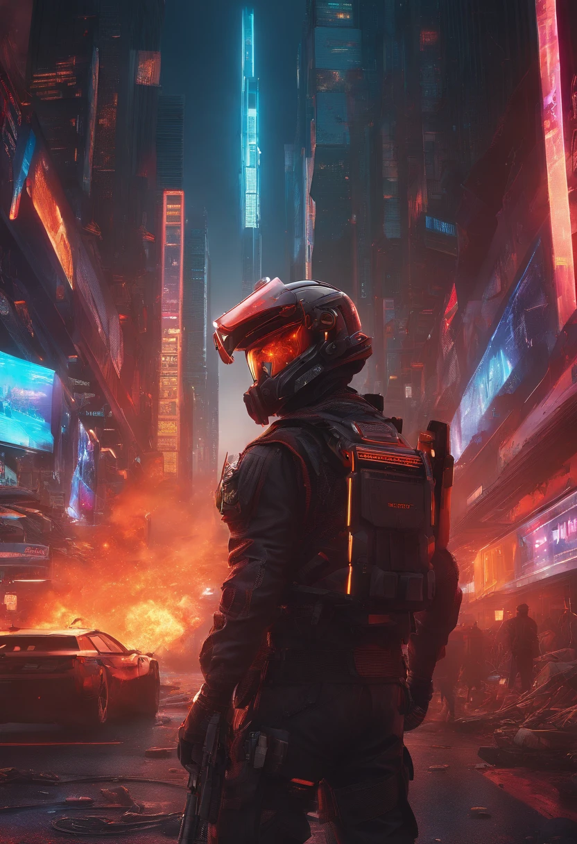 (masterpiece), best quality, expressive eyes, perfect face, perfect body, perfect arms, perfect legs, perfect hands 4k quality a male tech soldier dressed in black and red techwear shooting on a battlefield, at war, with mechas (gundam) (Armored Core) mechs flying in the air over the battlefield, (action sequence,) In a (fight scene) a of high tech hooded woman in an all black jumpsuit and black high heels orange visor and black facemask outfit the camera is a medium shot, wide angle with an anamorphic lens, setting is a hyper futuristic high tech megacity, with buildings exploding and on fire in the background, hi res, ultrasharp 8K high quality, movie, anime, gunfight, large scale battle, ground forces, soldiers, multiple soldiers fighting on a futurist battlefront, large scale war in background, military vehicles