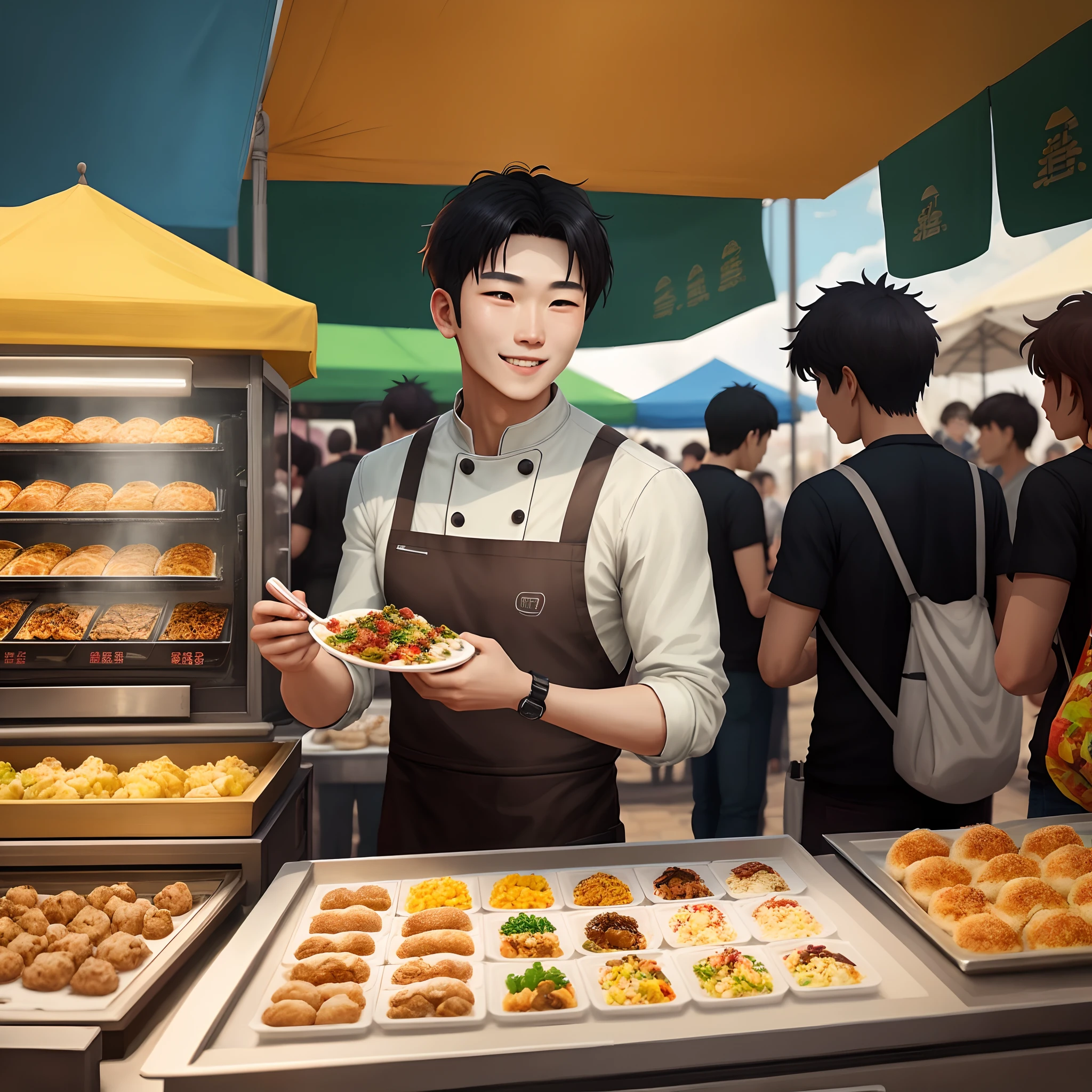 A young and promising male gourmet sits at the table，Next to it is a bustling crowd and a variety of food stalls，His face was full of smiles。The various food stalls are decorated with brightly colored signs，It is filled with a variety of delicacies，Some of the people around him were attracted by the food in his hand。 in the style of anime art,  photo-realistic, ， 2D game art, Rich palette of tones, Outdoor Scene, 32K, Best quality, Masterpiece, Super detail, High details