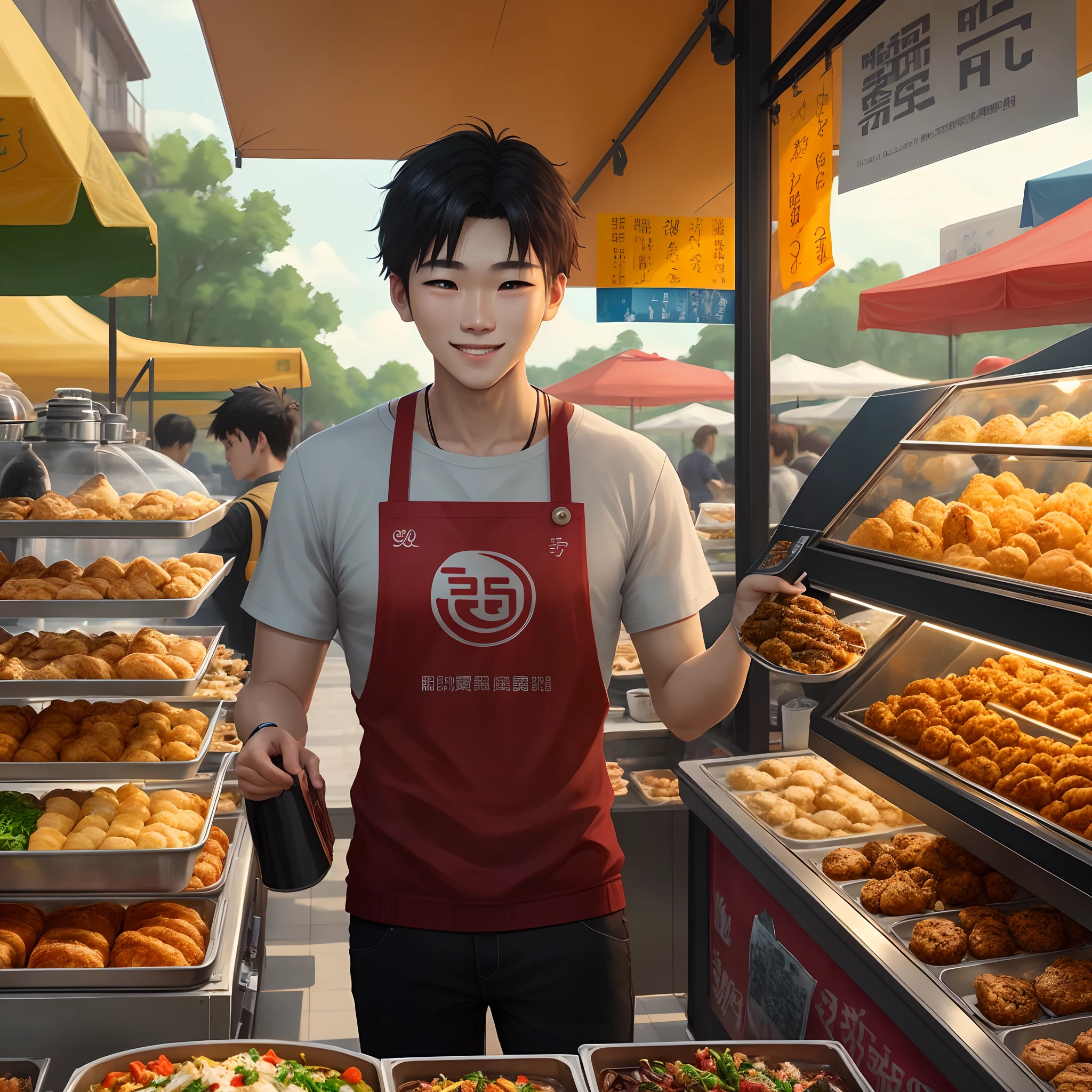 A young and promising male gourmet sits at the table，Next to it is a bustling crowd and a variety of food stalls，His face was full of smiles。The various food stalls are decorated with brightly colored signs，It is filled with a variety of delicacies，Some of the people around him were attracted by the food in his hand。 in the style of anime art,  photo-realistic, ， 2D game art, Rich palette of tones, Outdoor Scene, 32K, Best quality, Masterpiece, Super detail, High details