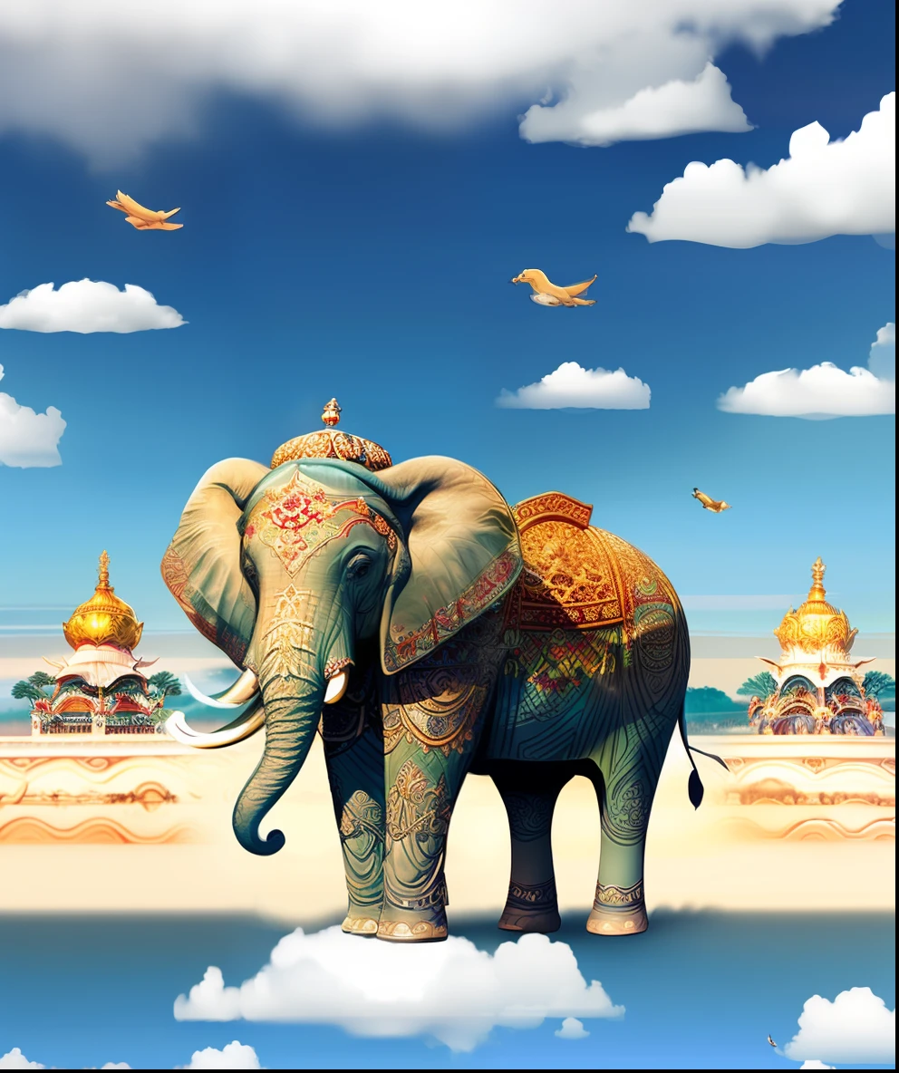 Dreaming of an enormous elephant king, animal , a big, tall, and impetuous elephant two pairs of tusks superior to the color of marble It was an auspicious elephant, flying on sky of clouds, with sun rise.