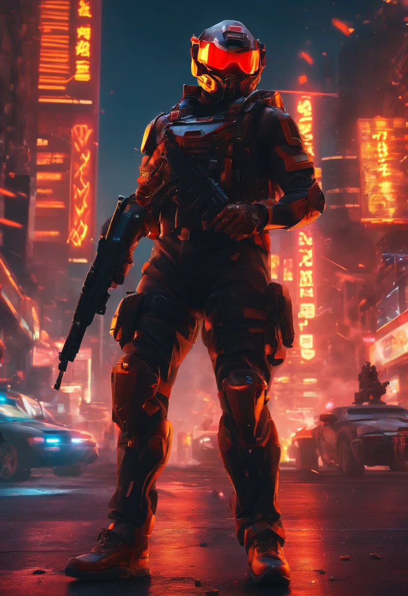 (masterpiece), best quality, expressive eyes, perfect face, perfect body, perfect arms, perfect legs, perfect hands 4k quality a male tech soldier dressed in black and red techwear shooting on a battlefield, at war, with mechas (gundam) (Armored Core) mechs flying in the air over the battlefield, (action sequence,) In a (fight scene) a of high tech hooded woman in an all black jumpsuit and black high heels orange visor and black facemask outfit the camera is a medium shot, wide angle with an anamorphic lens, setting is a hyper futuristic high tech megacity, with buildings exploding and on fire in the background, hi res, ultrasharp 8K high quality, movie, anime, gunfight, large scale battle, ground forces, soldiers, multiple soldiers fighting on a futurist battlefront, large scale war in background, military vehicles