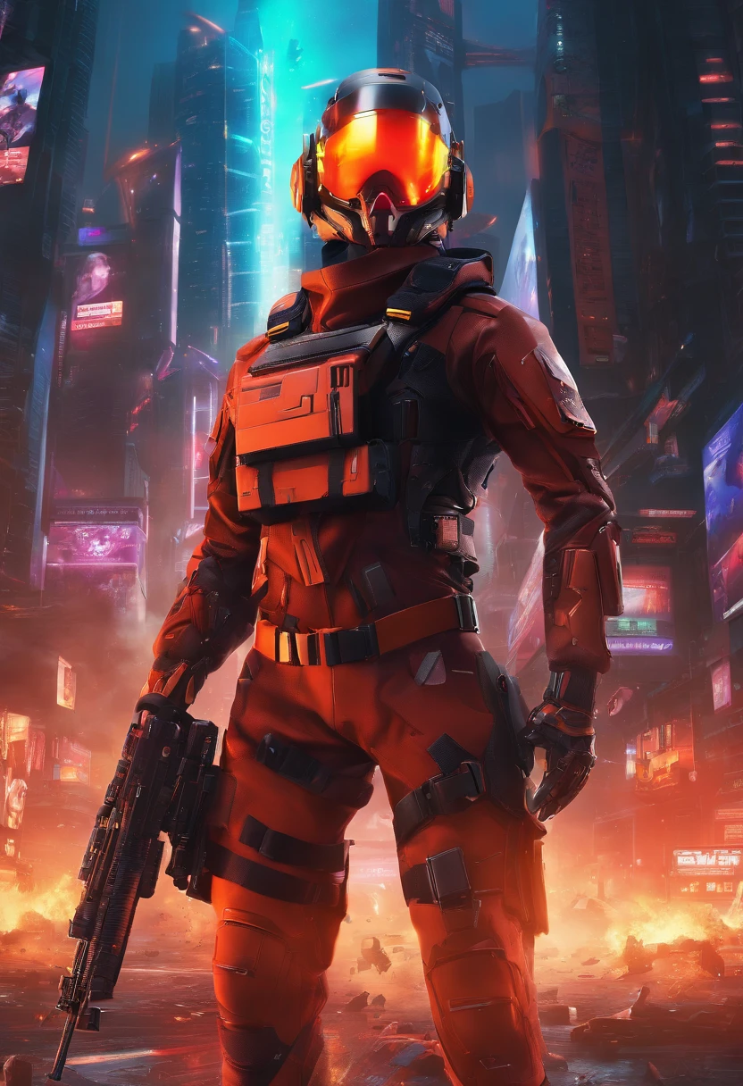 (masterpiece), best quality, expressive eyes, perfect face, perfect body, perfect arms, perfect legs, perfect hands 4k quality a male tech soldier dressed in black and red techwear shooting on a battlefield, at war, with mechas (gundam) (Armored Core) mechs flying in the air over the battlefield, (action sequence,) In a (fight scene) a of high tech hooded woman in an all black jumpsuit and black high heels orange visor and black facemask outfit the camera is a medium shot, wide angle with an anamorphic lens, setting is a hyper futuristic high tech megacity, with buildings exploding and on fire in the background, hi res, ultrasharp 8K high quality, movie, anime, gunfight, large scale battle, ground forces, soldiers, multiple soldiers fighting on a futurist battlefront, large scale war in background, military vehicles