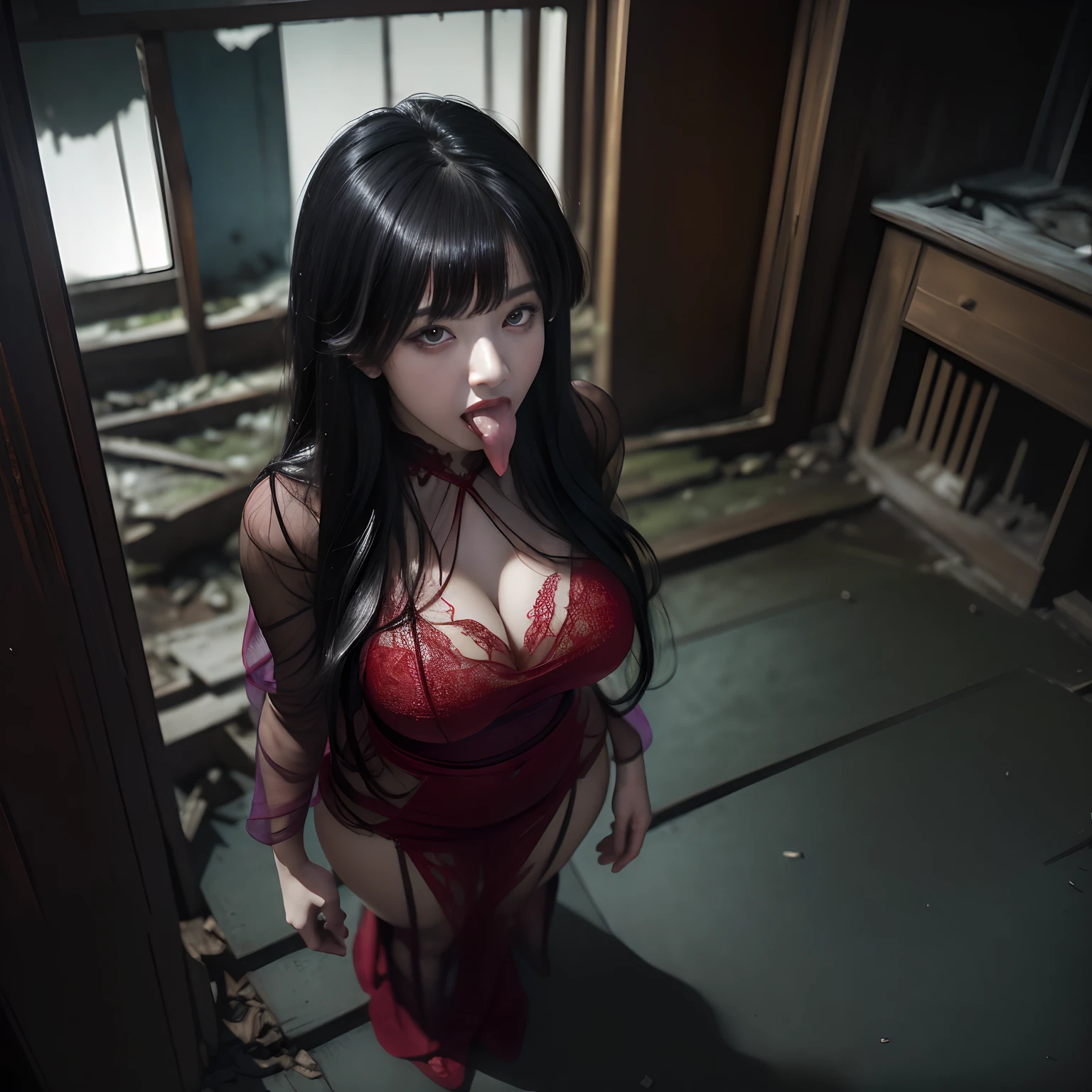 (masterpiece, Best Quality), (Ultra-realistic portrait of the ghost of Japanese woman:1.5, Black hair, Super long hair:1.3, Super long bangs:1.7, The entire front is hidden by long bangs:1.7, look down the ground:1.2), (Japan Ghost Story, Amazing beauty, ultra gigantic tits:1.3, Excellent slim body style, Mind-boggling images, Full body shot, (sheer red dress:1.5), (Standing in an abandoned house in the Japan, tongue out:1.7, Dark atmosphere:1.5, Darkness of the night:1.5),
