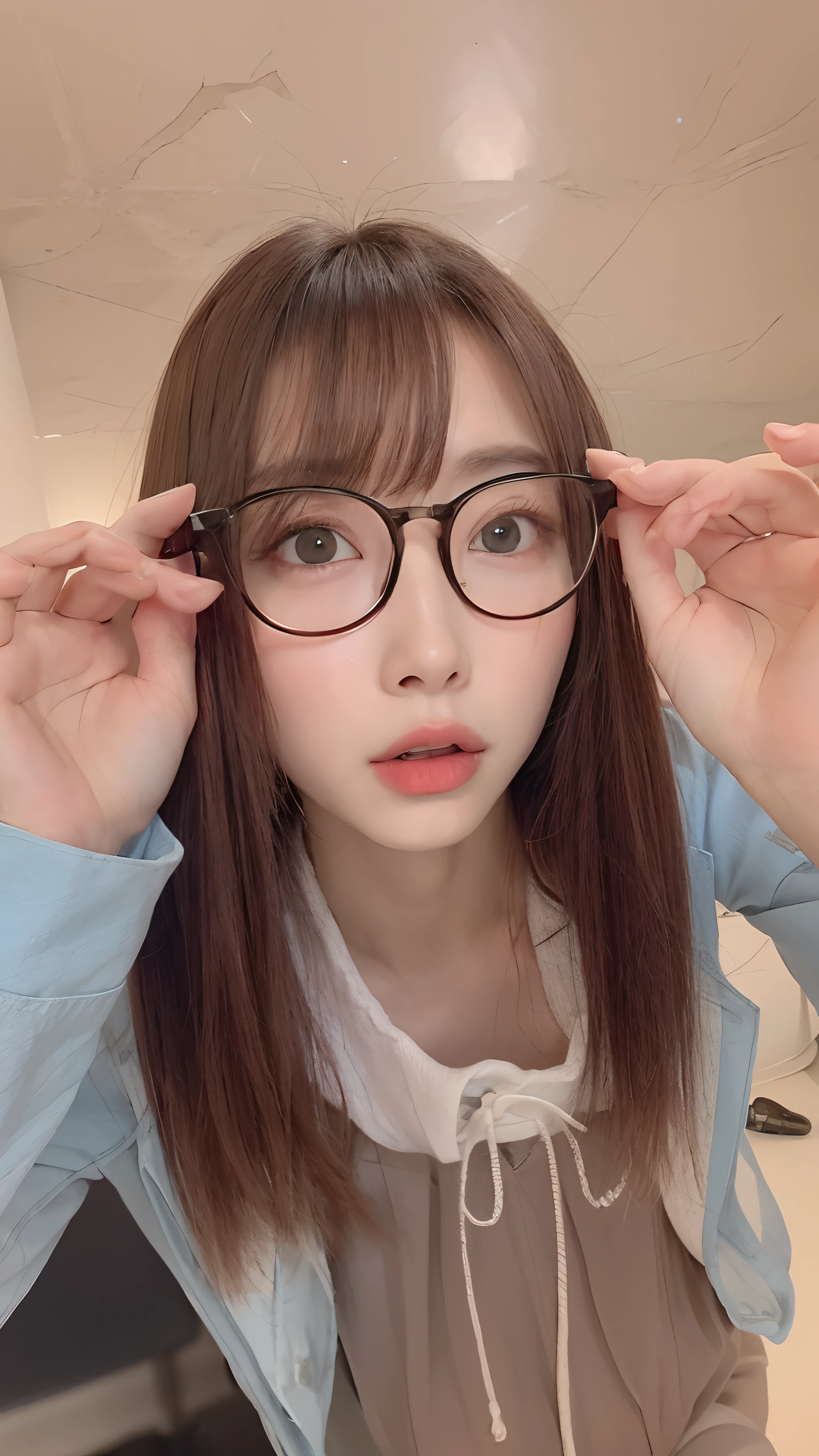 There is a woman with glasses holding her head, with glasses, bespectacled, wearing thin large round glasses, sakimichan, ulzzangs, reluvy5213, thick glasses, 奈良美智, glasses glasses, clear cute face, wearing small round glasses, ( ( eye glasses ) ), Glasses