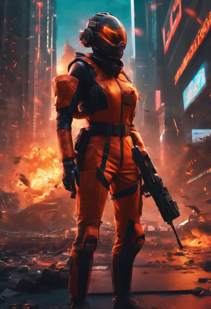(masterpiece), best quality, expressive eyes, perfect face, perfect body, perfect arms, perfect legs, perfect hands 4k quality a male tech soldier dressed in black and red techwear shooting on a battlefield, at war, with mechas (gundam) (Armored Core) mechs flying in the air over the battlefield, (action sequence,) In a (fight scene) a of high tech hooded woman in an all black jumpsuit and black high heels orange visor and black facemask outfit the camera is a medium shot, wide angle with an anamorphic lens, setting is a hyper futuristic high tech megacity, with buildings exploding and on fire in the background, hi res, ultrasharp 8K high quality, movie, anime, gunfight(fire fight (shooting), large scale battle, ground forces, soldiers, multiple soldiers fighting on a futurist battlefront, large scale war in background, military vehicles