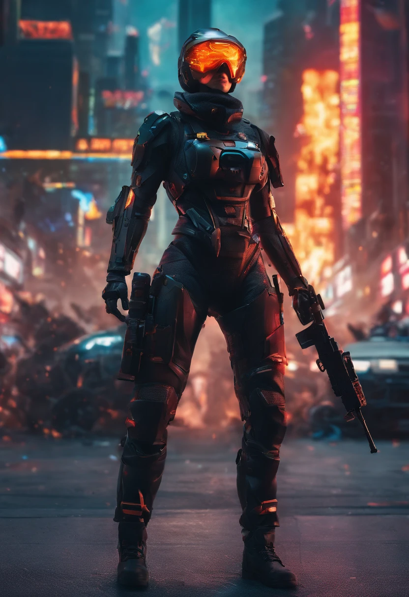 (masterpiece), best quality, expressive eyes, perfect face, perfect body, perfect arms, perfect legs, perfect hands 4k quality a male tech soldier dressed in black and red techwear shooting on a battlefield, at war, with mechas (gundam) (Armored Core) mechs flying in the air over the battlefield, (action sequence,) In a (fight scene) a of high tech hooded woman in an all black jumpsuit and black high heels orange visor and black facemask outfit the camera is a medium shot, wide angle with an anamorphic lens, setting is a hyper futuristic high tech megacity, with buildings exploding and on fire in the background, hi res, ultrasharp 8K high quality, movie, anime, gunfight(fire fight (shooting), large scale battle, ground forces, soldiers, multiple soldiers fighting on a futurist battlefront, large scale war in background, military vehicles