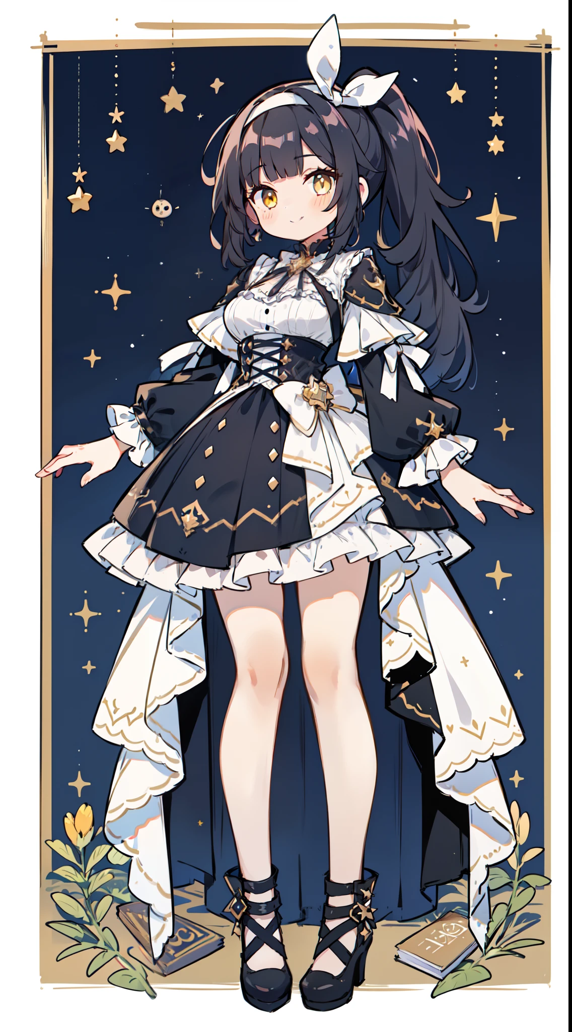1girl in, ((High resolution of the highest quality)), Beautiful Girl, ((full bodyesbian、Standing picture:1.2)), Incredibly cute, Full body, Looking at Viewer, (From below), Town, (Star Knight), Very long hair, Black hair, ((Side Ponytail)), Yellow eyes, Blunt bangs, (lightsmile), medium breasts, ((black frilly dress)), knee high, high-heels, ((Lace Hair Band)),