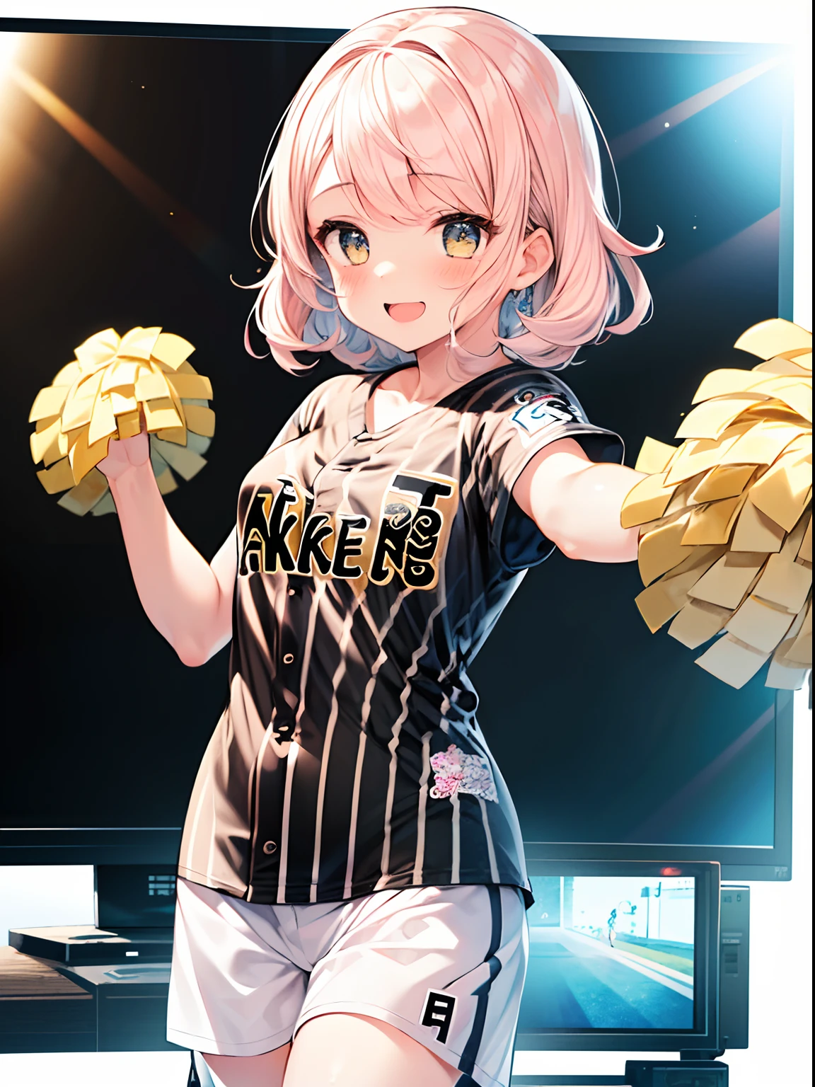 best quality, masterpiece, absurdres, highres, (1girl:1.6), (short shaggy perm hair:1.6), (light pink hair:1.5), (wearing the black vertical striped shirt:1.5), (flower effects:1.2), (cowboy shot:1.4), break (In front of a TV at home,:1.4)
BREAK
(a girl is enthusiastically cheering for the Hanshin Tigers:1.6). Her eyes are fixed on the screen, filled with excitement and tension.
BREAK
The room feels as if it's filled with the heat of the game.