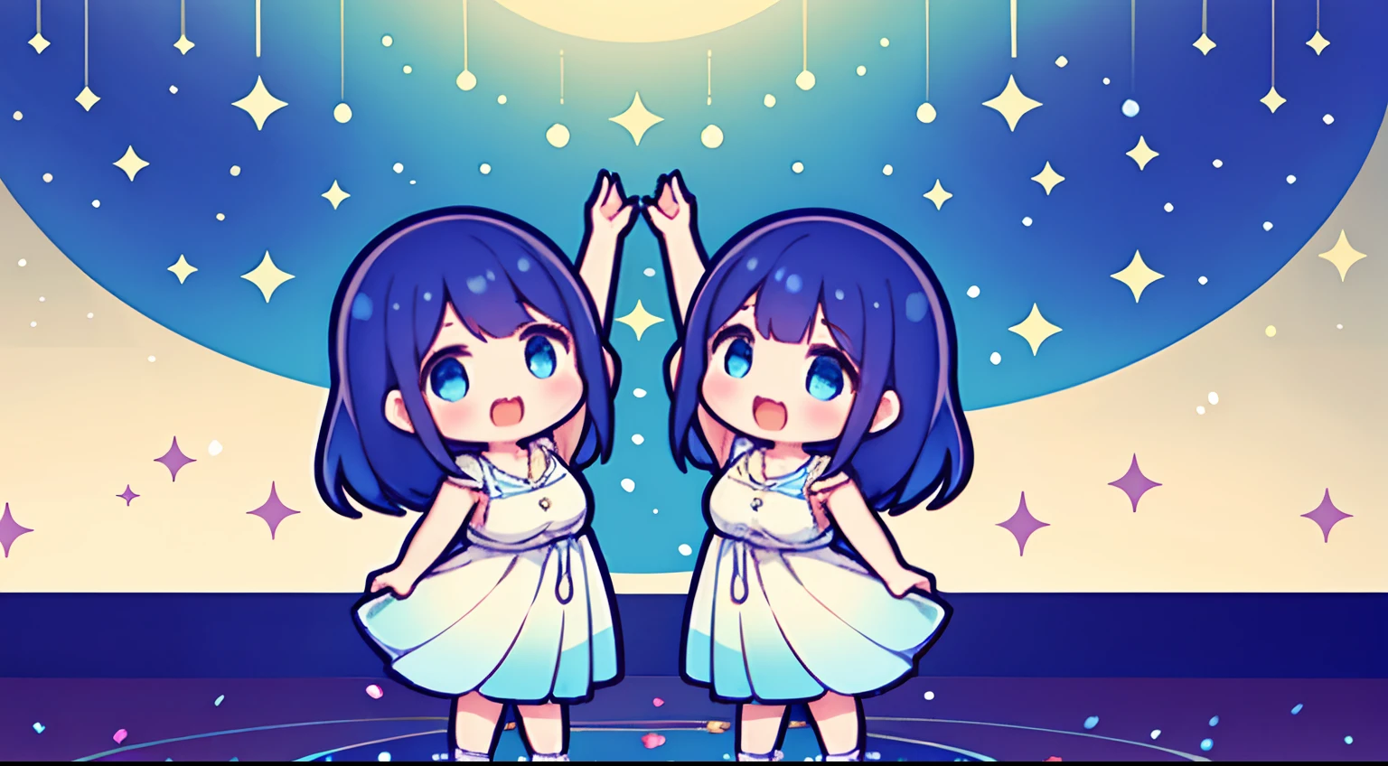Two girls standing in front of a painting、laugh face、Water droplets on the cheeks、Dance Practice、Rotational jump、bustup、Eye Up、Flowing iridescent silk、Cosmic petals
