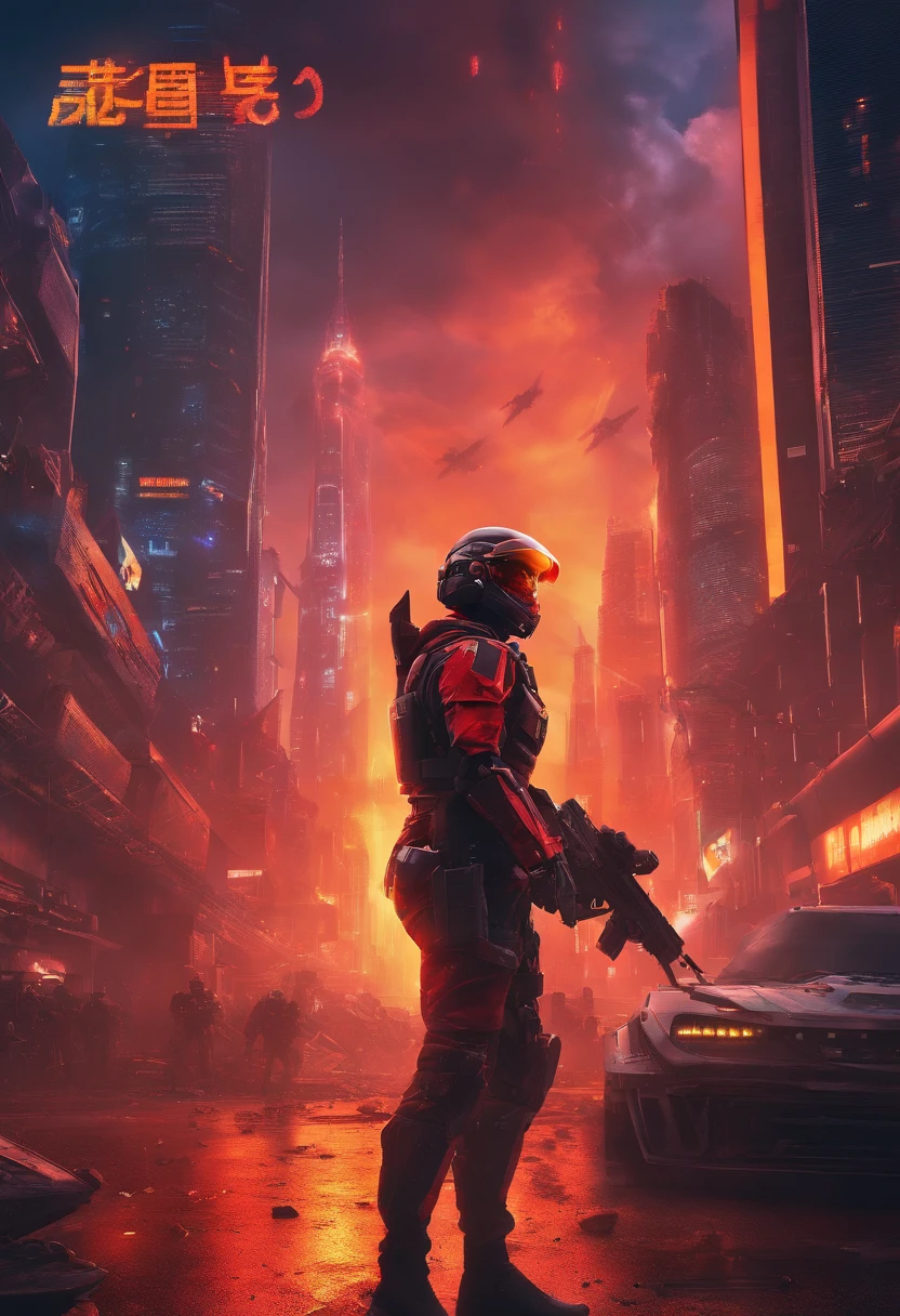 (masterpiece), best quality, expressive eyes, perfect face, perfect body, perfect arms, perfect legs, perfect hands 4k quality a male tech soldier dressed in black and red techwear shooting on a battlefield, at war, with mechas (gundam) (Armored Core) mechs flying in the air over the battlefield, (action sequence,) In a (fight scene) a of high tech hooded woman in an all black jumpsuit and black high heels orange visor and black facemask outfit the camera is a medium shot, wide angle with an anamorphic lens, setting is a hyper futuristic high tech megacity, with buildings exploding and on fire in the background, hi res, ultrasharp 8K high quality, movie, anime, gunfight, large scale battle, ground forces, soldiers, multiple soldiers fighting on a futurist battlefront, large scale war in background, military vehicles