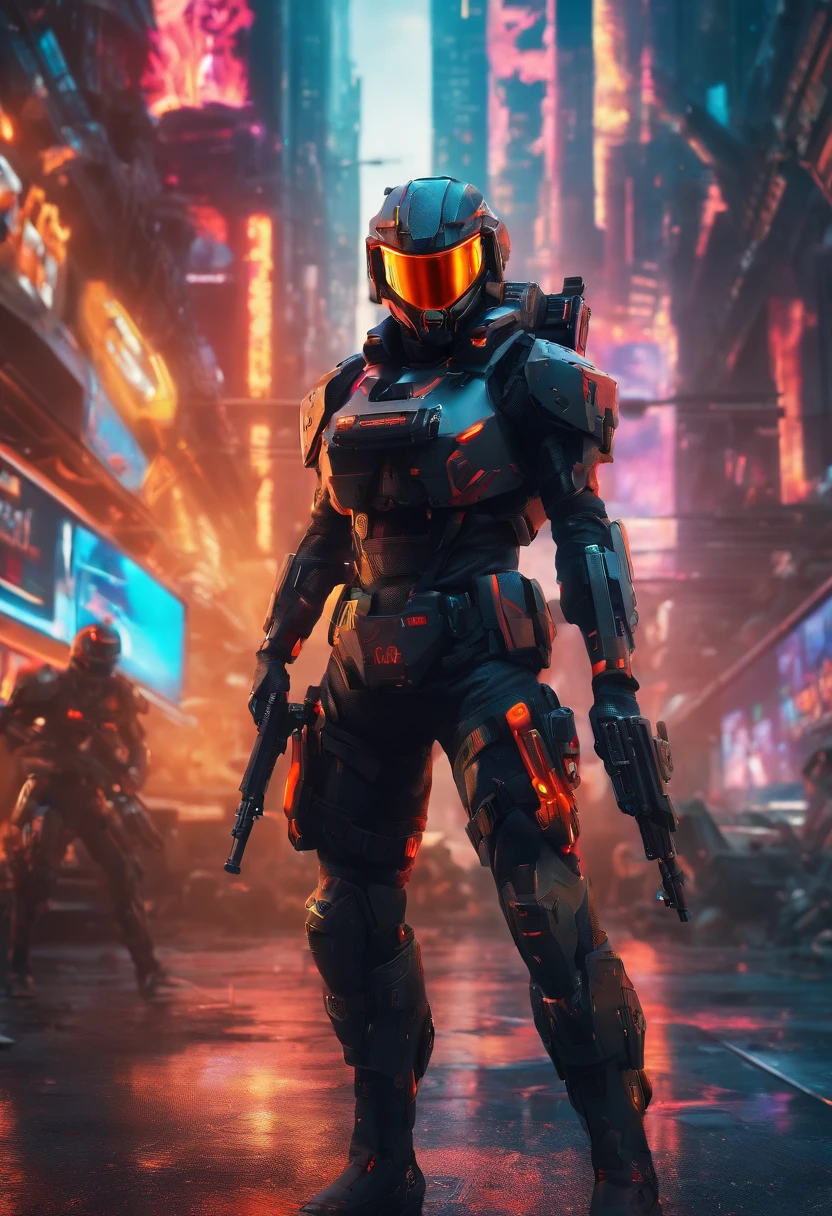 (masterpiece), best quality, expressive eyes, perfect face, perfect body, perfect arms, perfect legs, perfect hands 4k quality a male tech soldier dressed in black and red techwear shooting on a battlefield, at war, with mechas (gundam) (Armored Core) mechs flying in the air over the battlefield, (action sequence,) In a (fight scene) a of high tech hooded woman in an all black jumpsuit and black high heels orange visor and black facemask outfit the camera is a medium shot, wide angle with an anamorphic lens, setting is a hyper futuristic high tech megacity, with buildings exploding and on fire in the background, hi res, ultrasharp 8K high quality, movie, anime, gunfight, large scale battle, ground forces, soldiers, multiple soldiers fighting on a futurist battlefront, large scale war in background, military vehicles