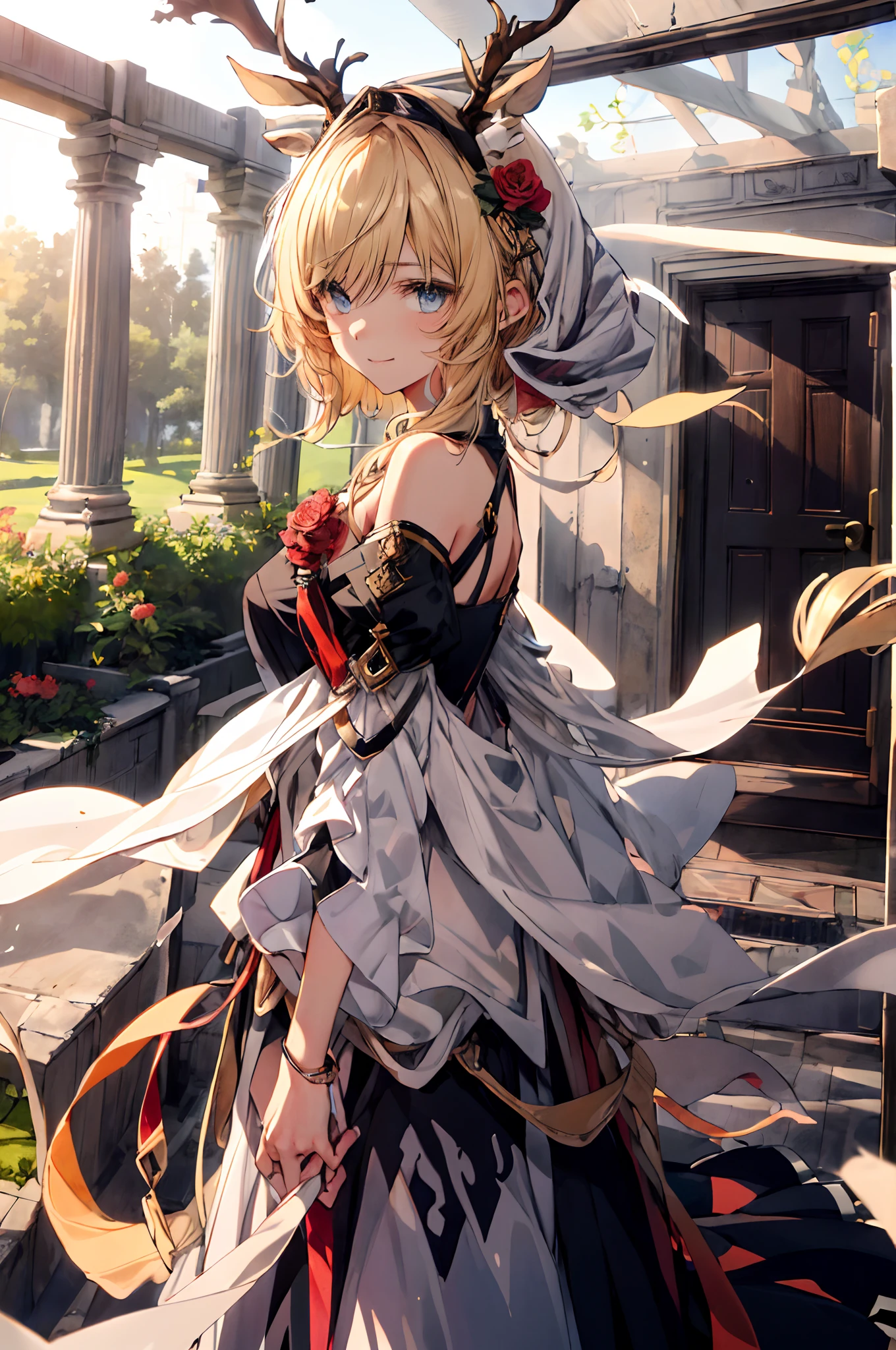 (tmasterpiece、top-quality、illustratio、Extremely high quality、high-level image quality、Extremely sensitive writing)Blonde girl standing in beautiful garden、A slight smile、She has a large bouquet、Cute national costume style dress,There are ruffles on the shoulders、Hair fluttering in the wind