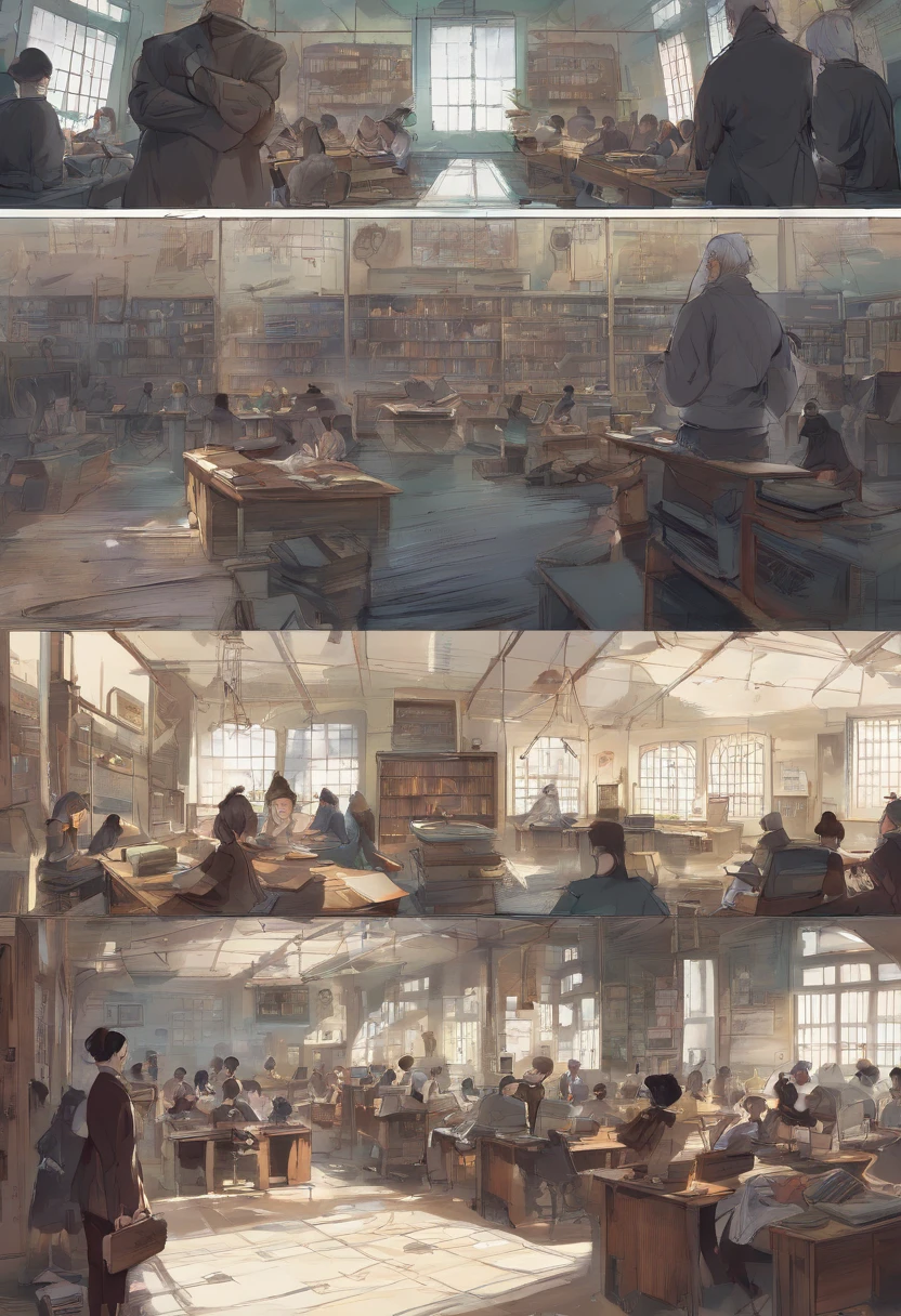 In the classroom,The teacher is lecturing the students,Gray-haired old teacher,Asian people,wears glasses,closeup cleavage,sharp focus on eyes,8K,super-fine,oil painted,Hyper-realistic,best qualtiy