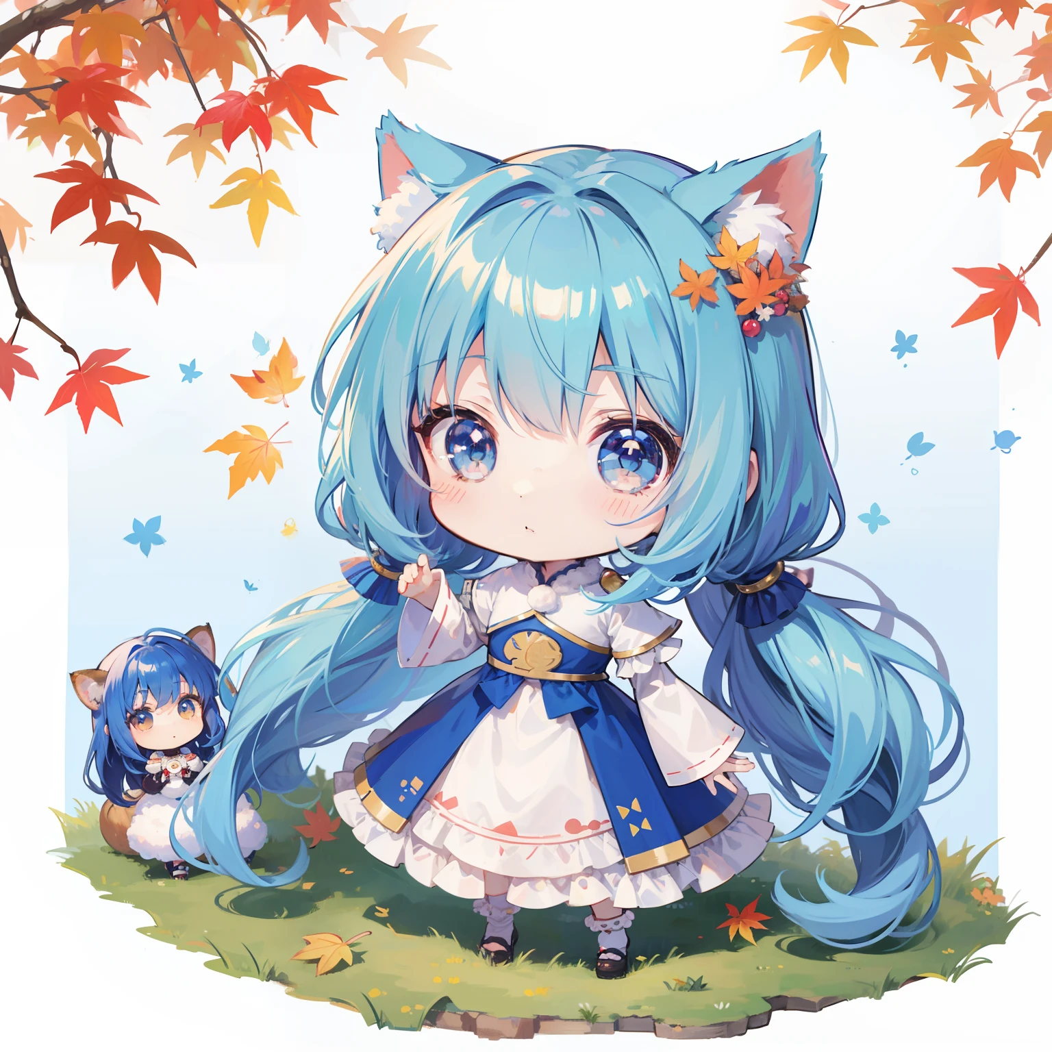 Chibichara long hair with blue hair((Chibi Chara))、Fluffy、girl with、Chibi Chara、full body Esbian、Pastel colors hair、masutepiece、top-quality、Background of autumn leaves、Cute squirrels are also with us。