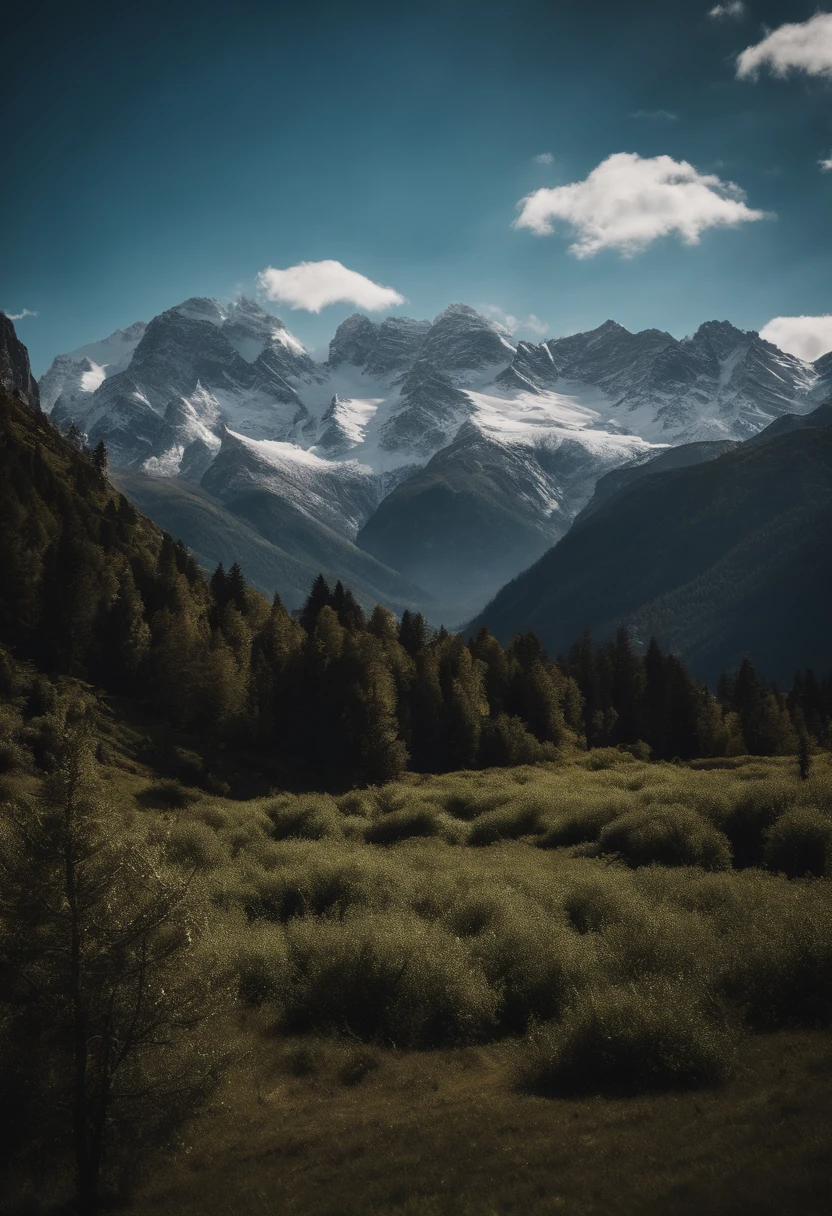 Generate an image of a breathtaking mountain range with snow-capped peaks, lush valleys, and a clear blue sky.