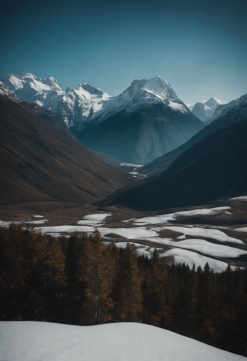 Generate an image of a breathtaking mountain range with snow-capped peaks, lush valleys, and a clear blue sky.