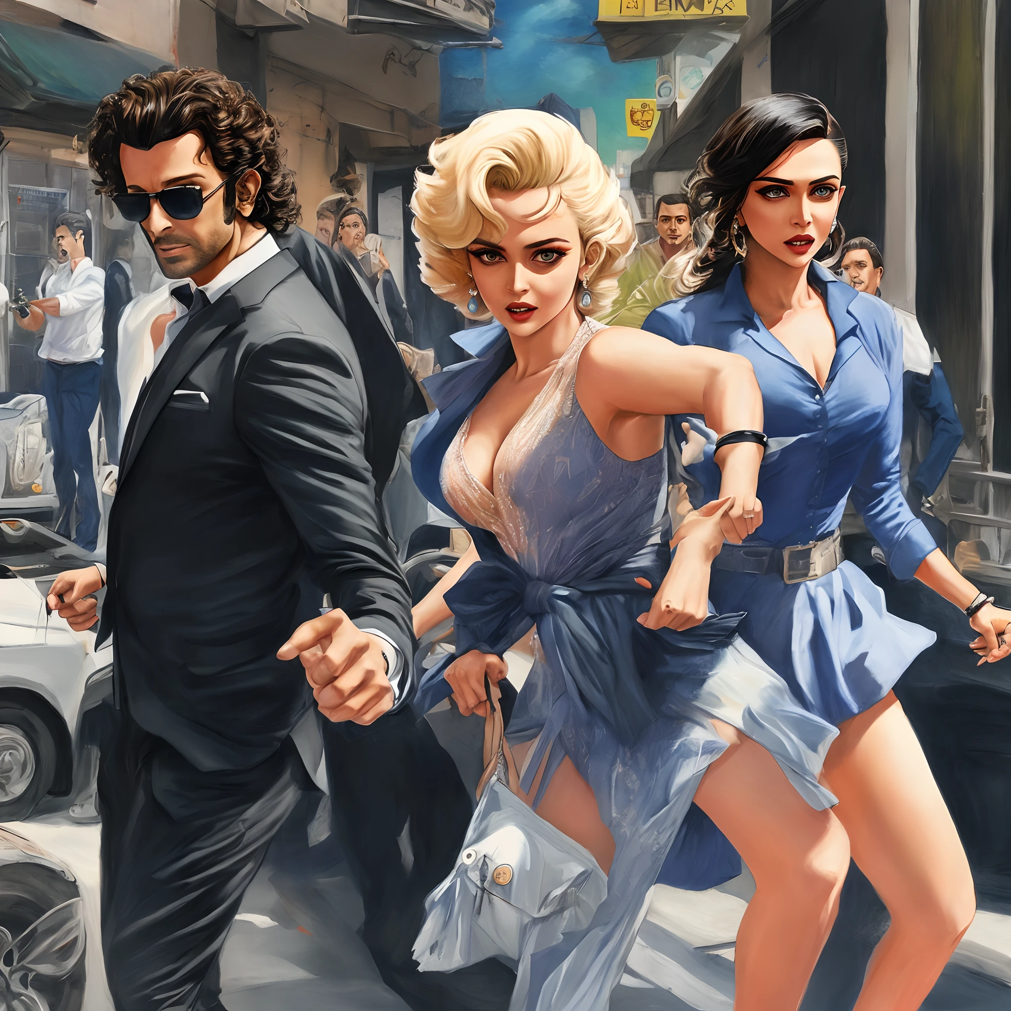 James Bond as hrithik roshan and Marylin Monroe as deepika padukone running after a Diamond heist, color pencil style , poster, cinematic, painting