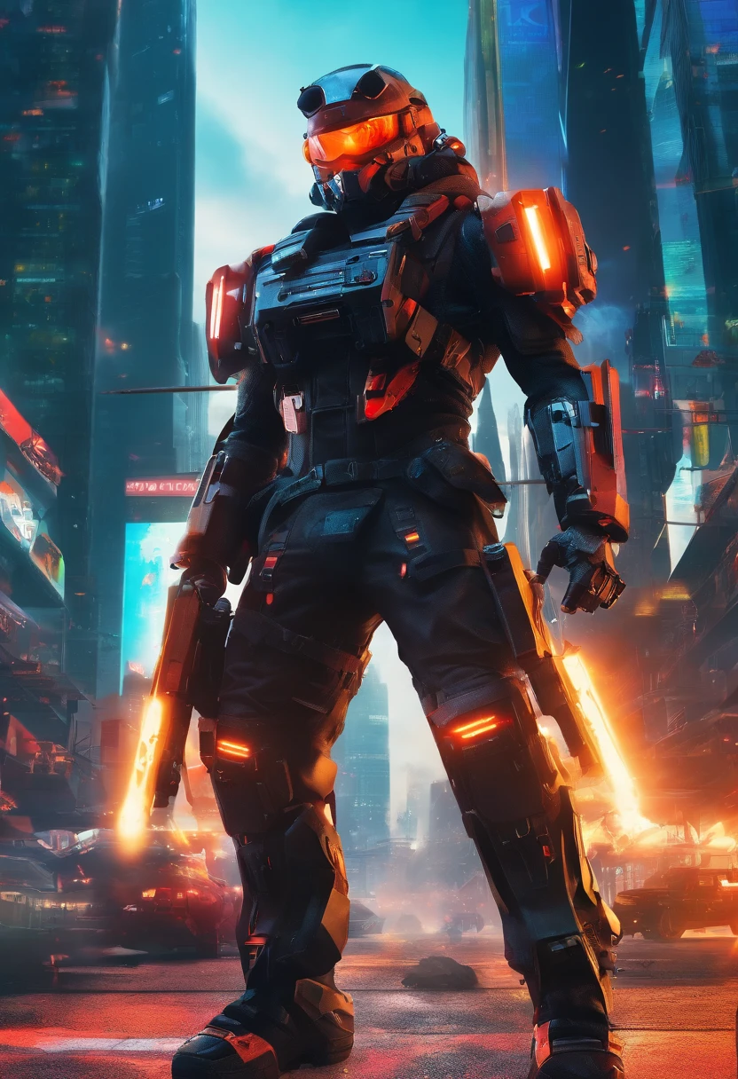 (masterpiece), best quality, expressive eyes, perfect face, perfect body, perfect arms, perfect legs, perfect hands 4k quality a male tech soldier dressed in black and red techwear shooting on a battlefield, at war, with mechas (gundam) (Armored Core) mechs flying in the air over the battlefield, (action sequence,) In a (fight scene) a of high tech hooded woman in an all black jumpsuit and black high heels orange visor and black facemask outfit the camera is a medium shot, wide angle with an anamorphic lens, setting is a hyper futuristic high tech megacity, with buildings exploding and on fire in the background, hi res, ultrasharp 8K high quality, movie, anime, gunfight, large scale battle, ground forces, soldiers, multiple soldiers fighting on a futurist battlefront, large scale war in background, military vehicles