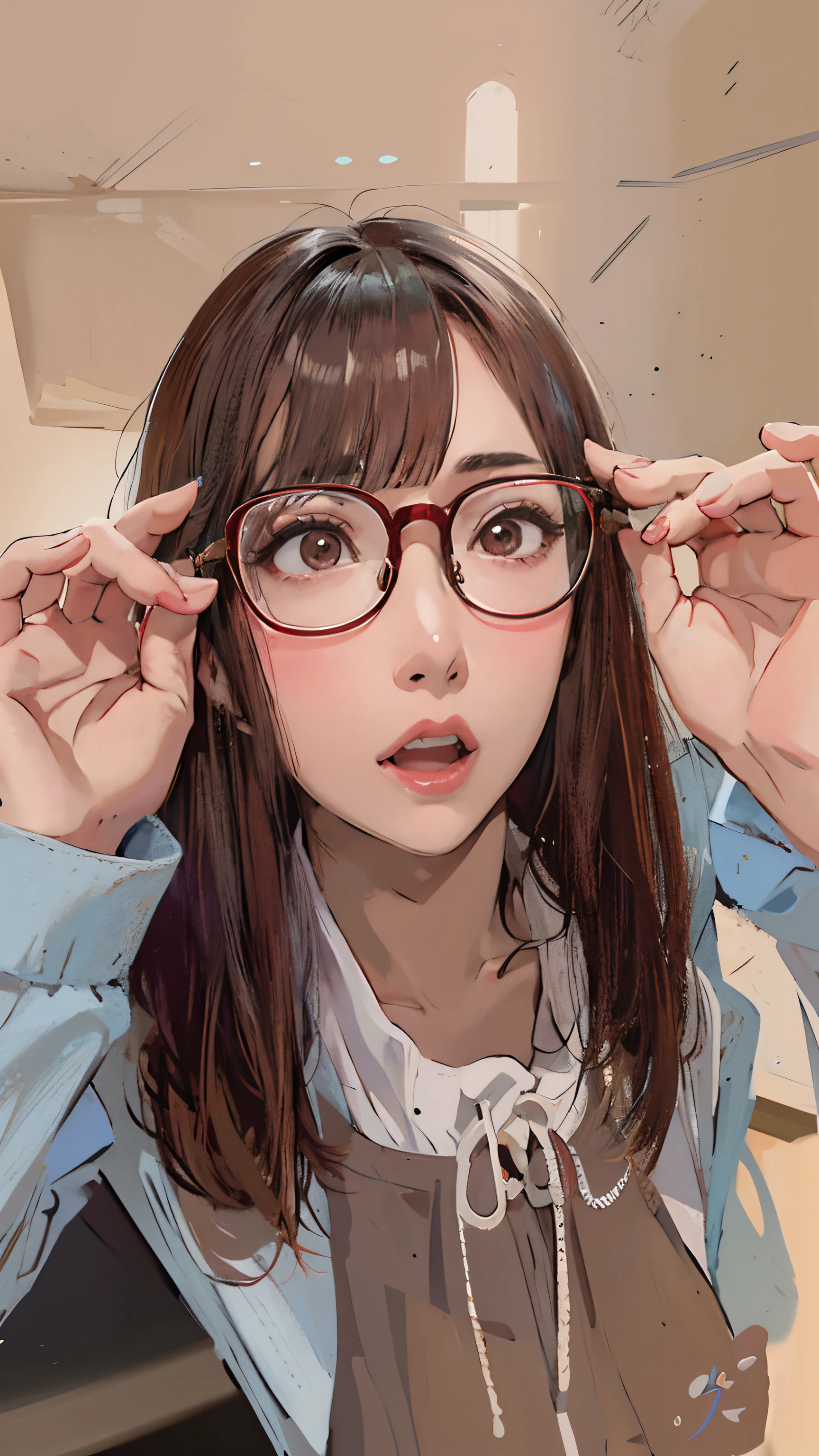 Woman with glasses holding her head, with glasses, bespectacled, wearing thin large round glasses, sakimichan, ulzzangs, reluvy5213, thick glasses, 奈良美智, glasses glasses, clear cute face, wearing small round glasses, ( ( eye glasses ) ), Glasses