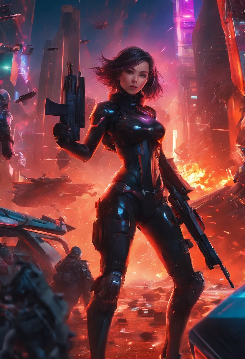 (masterpiece), best quality, expressive eyes, perfect face, perfect body, perfect arms, perfect legs, perfect hands 4k quality a male tech soldier dressed in black and red techwear shooting on a battlefield, at war, with mechas (gundam) (Armored Core) mechs flying in the air over the battlefield, (action sequence,) In a (fight scene) a of high tech hooded woman in an all black jumpsuit and black high heels orange visor and black facemask outfit the camera is a medium shot, wide angle with an anamorphic lens, setting is a hyper futuristic high tech megacity, with buildings exploding and on fire in the background, hi res, ultrasharp 8K high quality, movie, anime, gunfight, large scale battle, ground forces, soldiers, multiple soldiers fighting on a futurist battlefront, large scale war in background, military vehicles